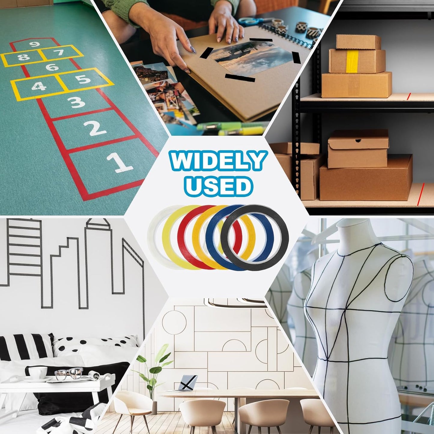 MECCANIXITY Whiteboard Tape 3/4" x 72 Yard Pinstripe Graphic Chart Line Grid Marking Tapes for Classroom Office Dry Erase Board Art, Black, Pack of 3