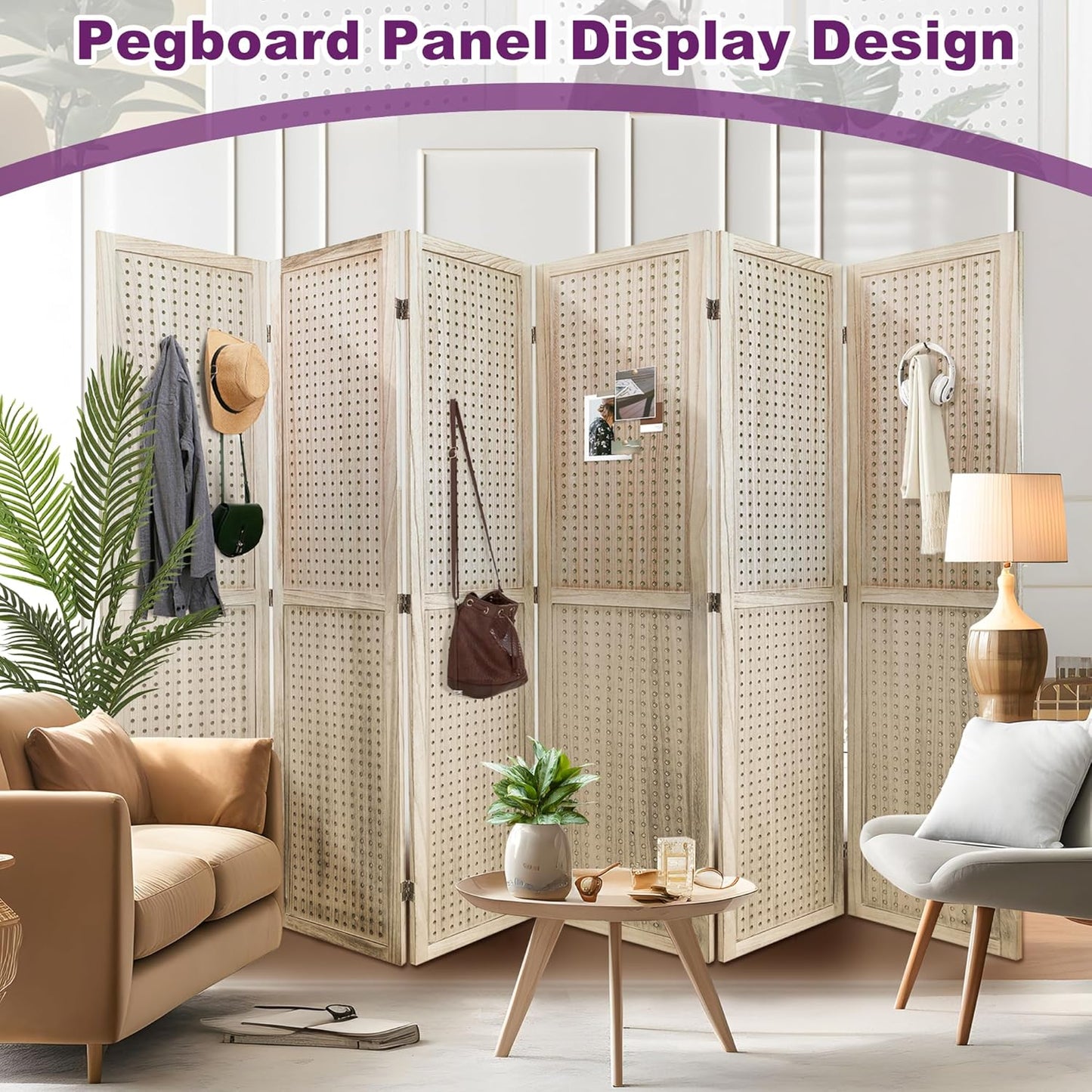 2 Pack Room Divider, 5.6FT Folding Room Divider Panel, 6 Panel Pegboard Display Wood Partition Wall Divider for Room Separation& Craft Shows, Natural Wood
