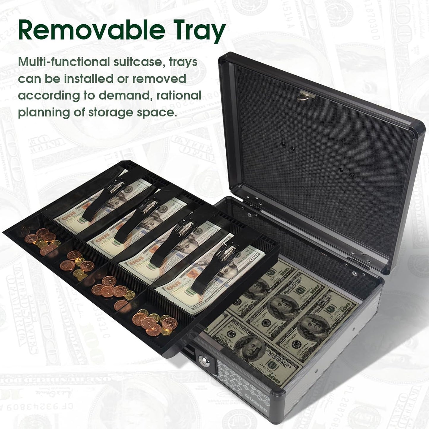 Cash Box with Lock, Money Box with Lock & Removable Coin Tray 11.4 * 5.3 * 13.5 inch (Black, Extra Large)