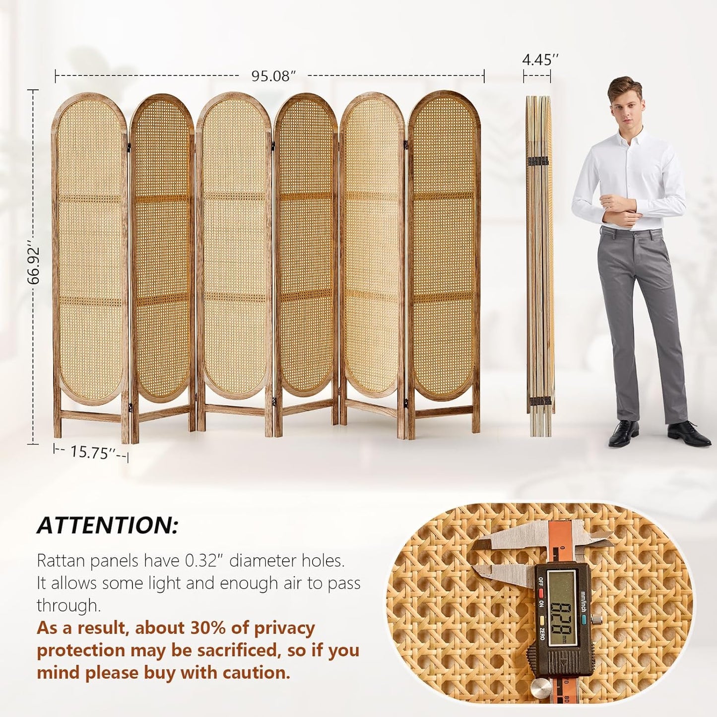 6 Panel Room Divider, 5.6 Ft Foldable Wood Room Divider Screen, Hand-Woven Rattan Folding Privacy Screens with Double Hinges, Wall Divider for Room Separation Bedroom Home Office - Natural