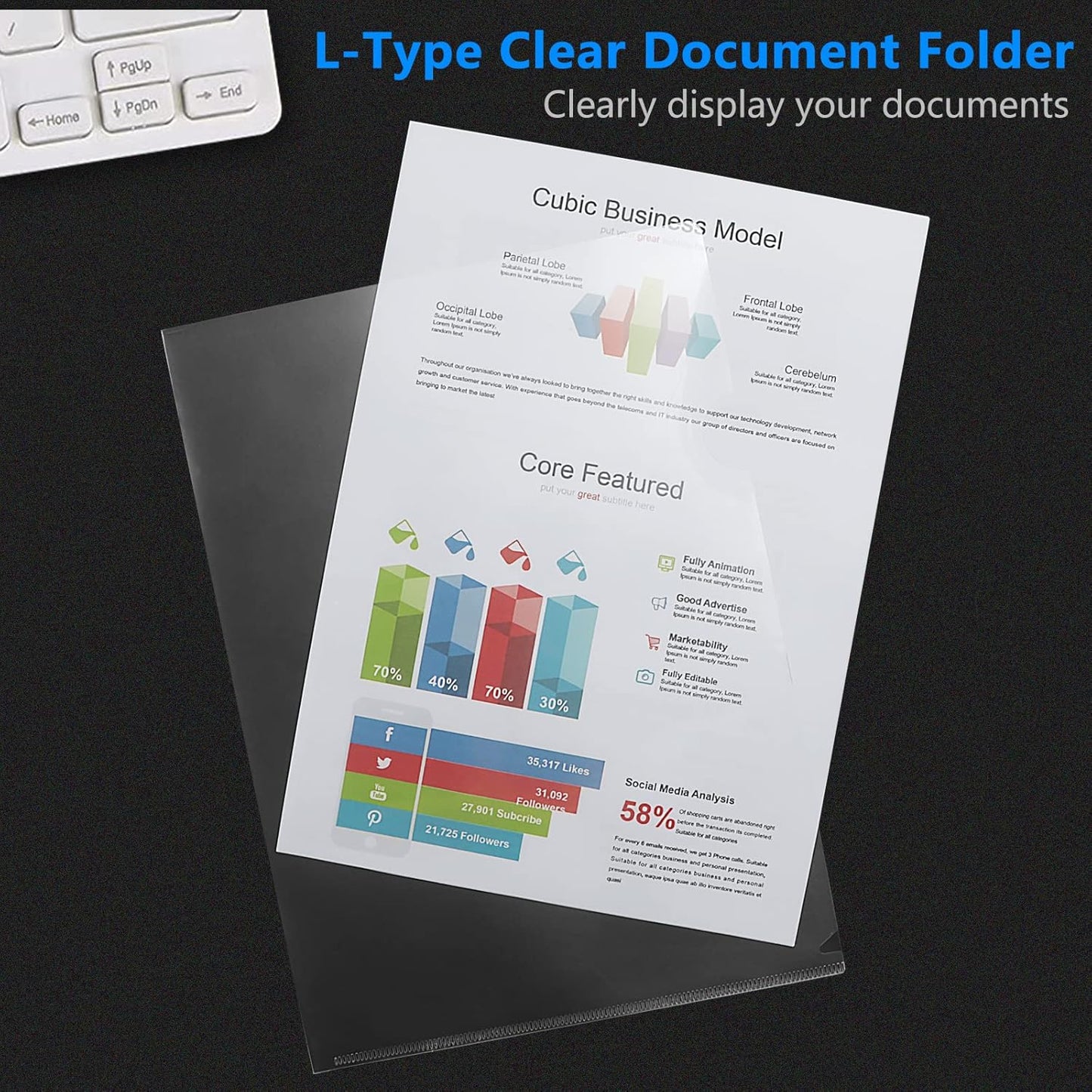 63 Pack Clear Plastic Document Folders L-Type Transparent Project Pockets for A4 Letter Size Paper