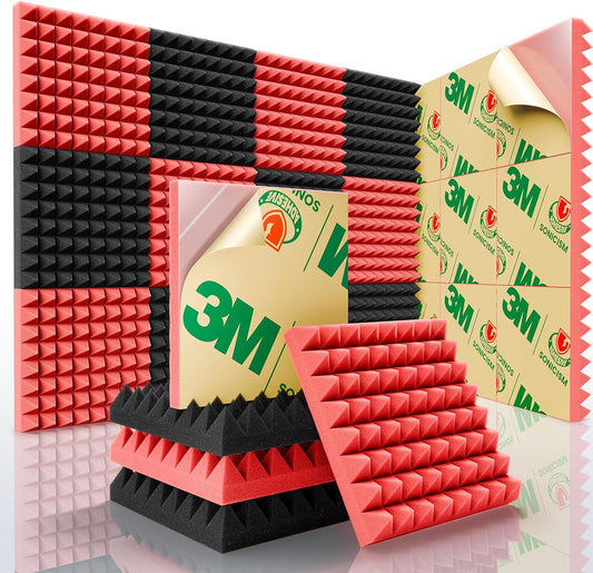 Sonicism Acoustic Panels Self-Adhesive Pyramid 12 Pack,12" X 12" X 2" Sound Proof Foam Panels for Walls,35kg/m³High Density Soundproof Wall Panels Fast Expand,Sound Absorption & Decoration(Red/Black)