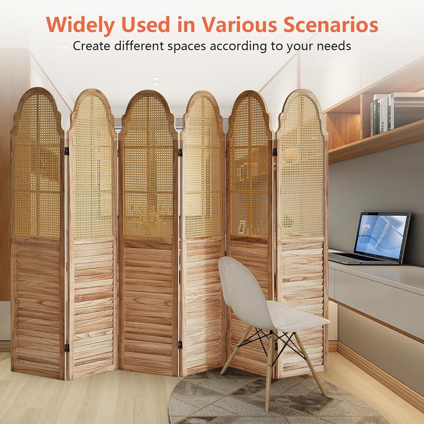 6 Panel Rattan Folding Screen Room Divider, Privacy Dividers for Rooms, Louvered Partition Dividers, Room Divider Panel for Bedroom, Dressing Room, Balcony, Light Brown