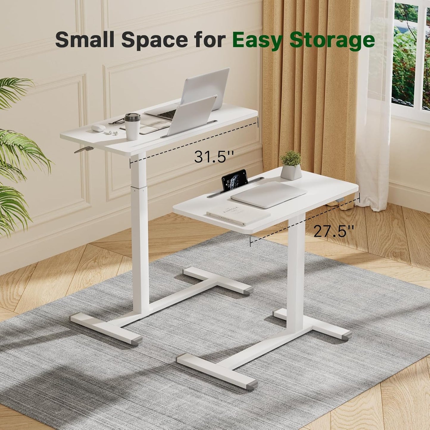 Mobile Standing Desk, Pneumatic Adjustable Rolling Desk(27.5 Inches), Portable Laptop Desk with Wheels, Overbed Bedside Table Laptop Table for Couch, Home, Office, White