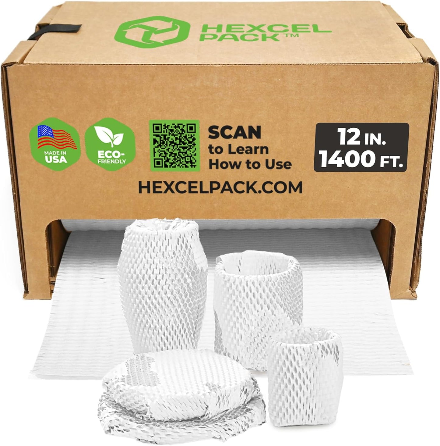 HexcelWrap Mini - Honeycomb Packing Paper, Eco-Friendly, Sustainable Paper Bubble Wrap for Shipping & Moving, Cushioned Packing Material in Easy Self-Dispenser Box - White, 12" x 1400'