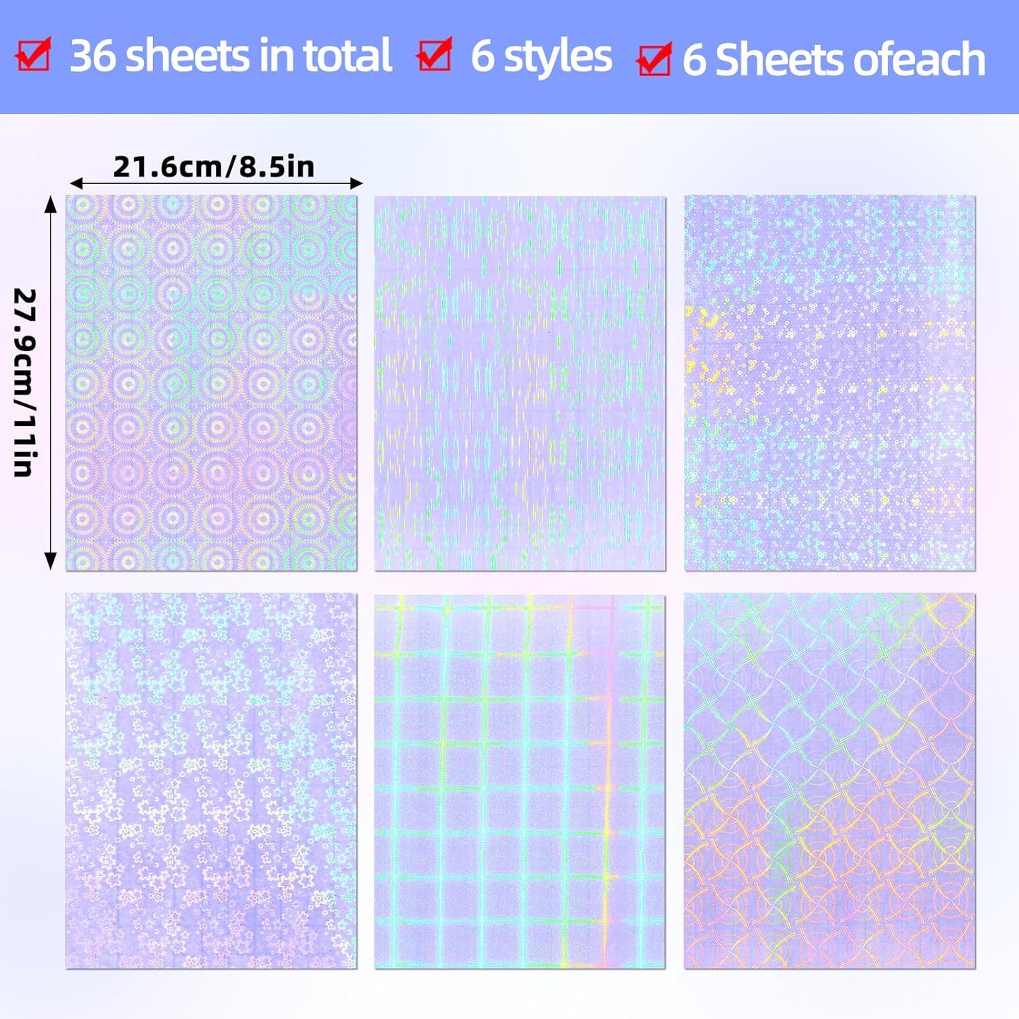 36 Sheets Holographic Sticker Paper, Clear Vinyl Laminate Film for Stickers Self-Adhesive, Transparent Overlay Lamination Sticker Paper Waterproof, 6 Patterns-8.5x11 Inch