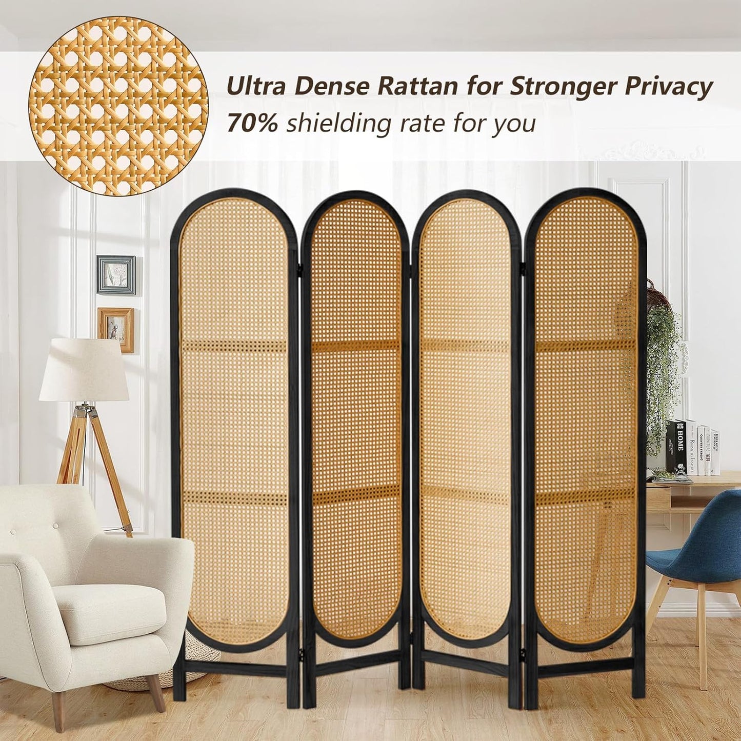 4 Panels Room Dividers and Hand-Woven Rattan Room Divider Wall, Wood Room Divider Folding Privacy Screens for Home Office Bedroom, Black
