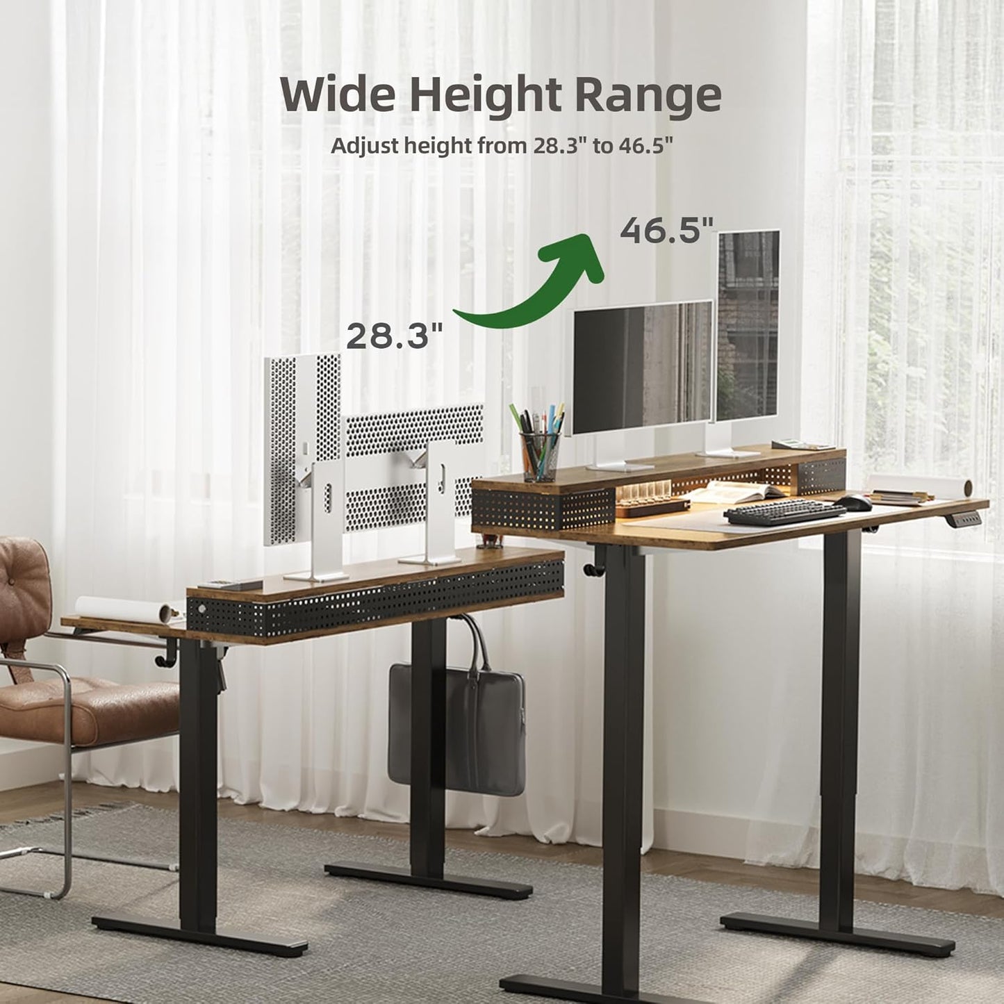 Claiks Electric Standing Desk with Shelf, 55 Inch Height Adjustable Standing Desk with LED Lights & Monitor Stand, Black Frame/Rustic Brown Top