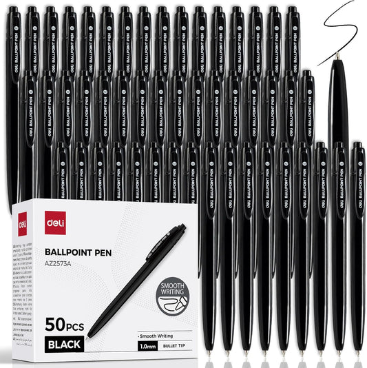 deli Pens Bulk, 50 Pack Retractable Ballpoint Pens, 1.0MM Black Ink,Smooth Writing, No Bleed, Comfortable Grip for Home,Office & School Use