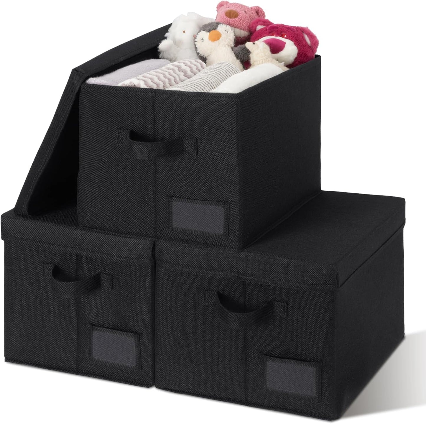 GRANNY SAYS Storage Bins with Lids, Storage Bins for Linen Closet Shelves, Decorative Storage Boxes, Clothes Storage and Organization for Organizing, 3-Pack, Large, Black