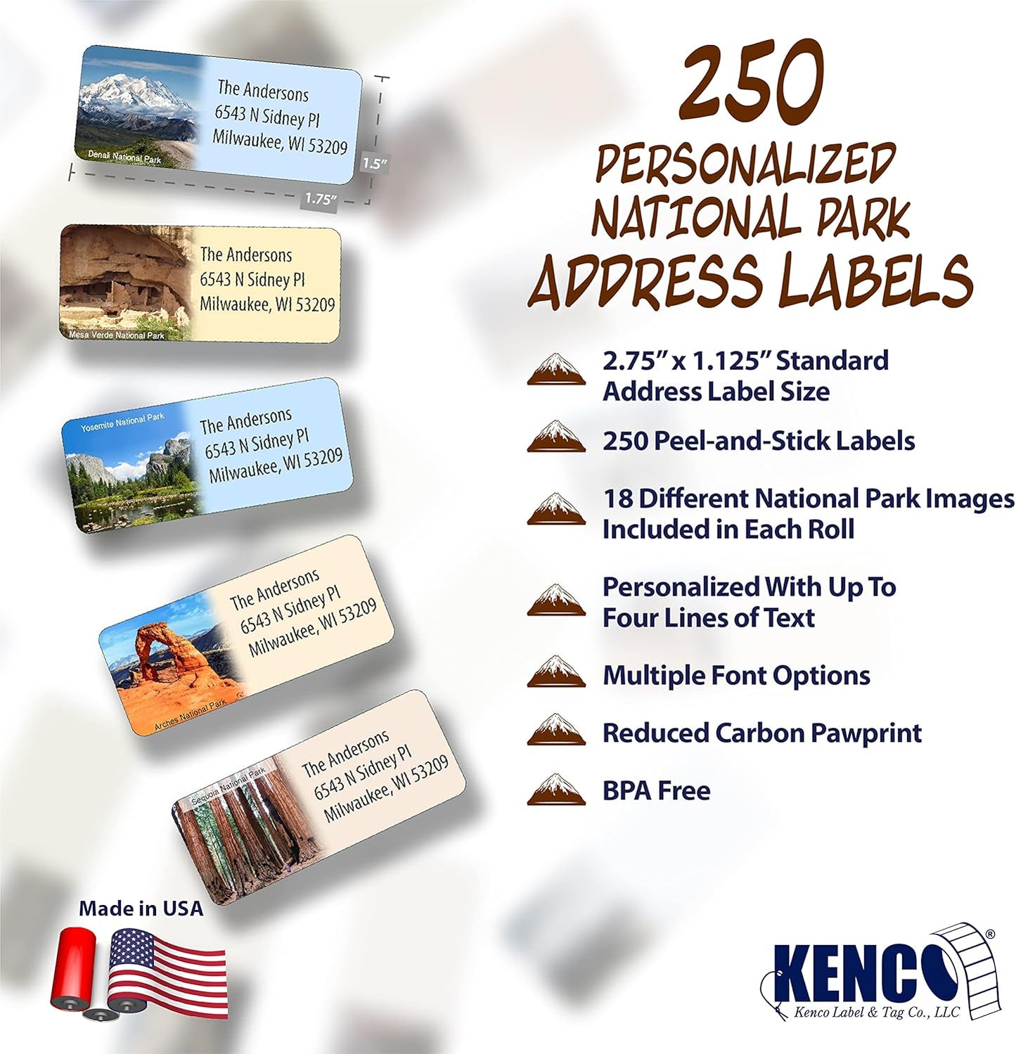 Customized Personalized Address Labels - Made in The USA by Kenco (250 Labels, National Parks)