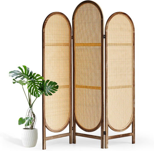 5.9 Ft Tall Hand-Woven Rattan Room Divider 3 Panels, Wood Room Divider Panel, Folding Screen Divider Wall, Wall Divider for Room Separation, Folding Privacy Screen, Home Office - Brown