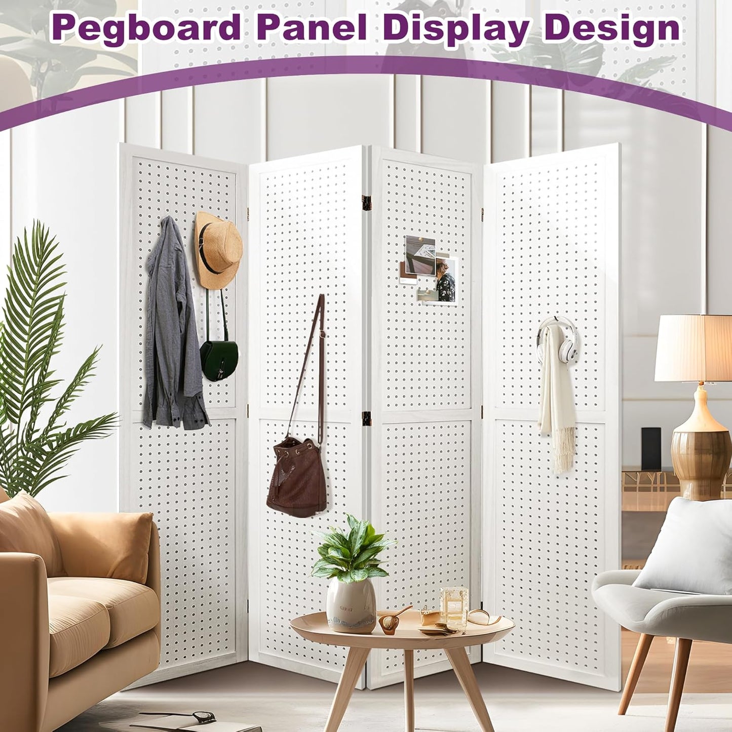 2 Pack Room Divider, 5.6FT Folding Room Divider Panel, 4 Panel Pegboard Display Wood Partition Wall Divider for Room Separation& Craft Shows, White