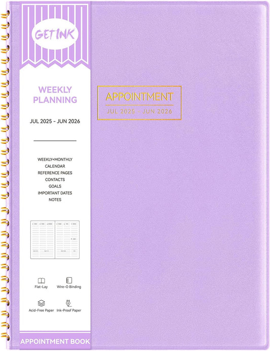 GETINK Appointment Book 2025-2026 Weekly Daily Hourly Planner 8.5"x11" Spiral Bound, Jul. 2025 - Jun. 2026, Laredule Appointment Planner 2025 with 15-Minute Increments, Flexible Cover, Purple