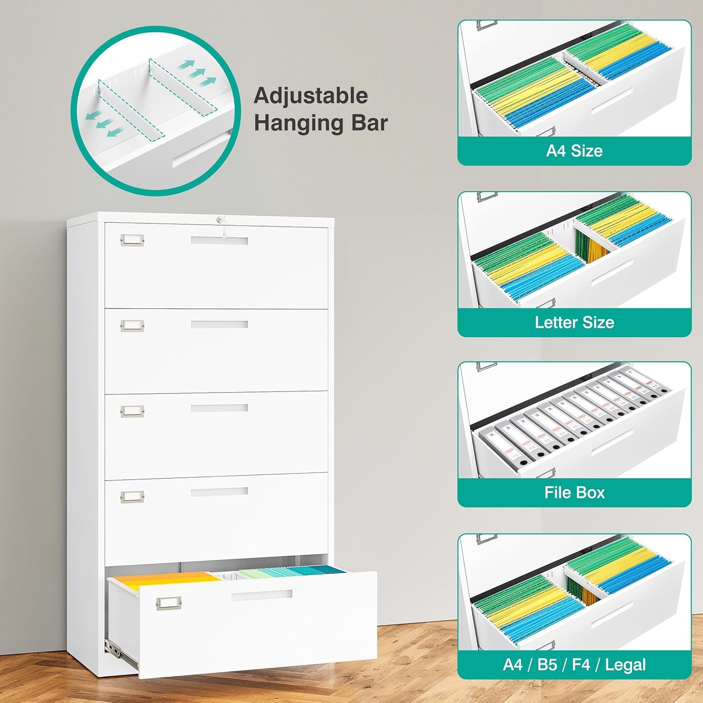 SISESOL 5 Drawer Lateral File Cabinet with Lock,White Lateral Filing Cabinet,Horizontal Metal Filing Cabinets,Large Locked Wide Five Drawer File Cabinets for Office Home,Fit A4/F4/Letter/Legal File