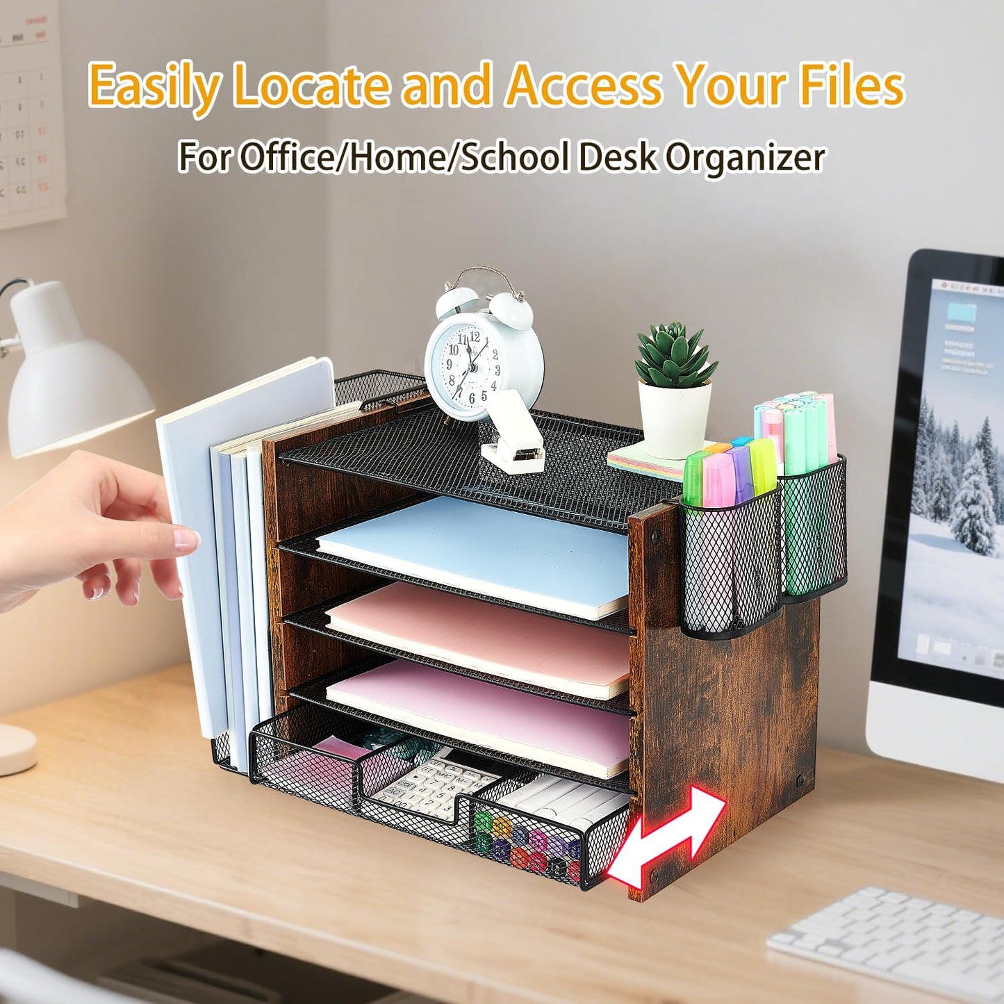 Wood Desk Organizers and Accessories with File Organizer, 5-Tier Paper Organizer with Drawer & Pen Holder, Office Desk Accessories, Workspace Desktop Storage for Office Supplies Organization（Brown）