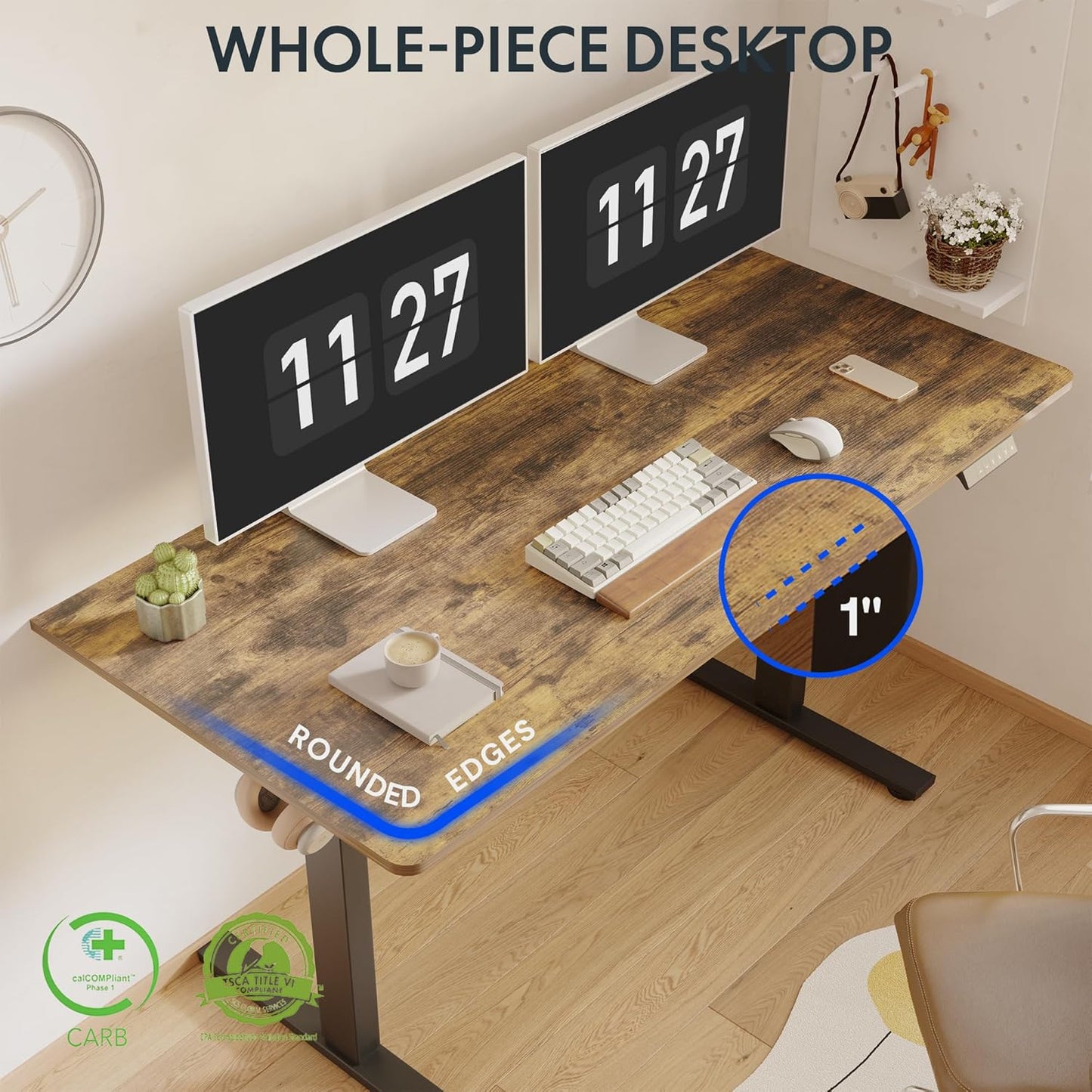 FLEXISPOT One-Piece Electric Standing Desk, 55 x 28 Inches Adjustable Desk with Seamless Desktop, Memory Controller Height Adjustment (Black Frame + Rustic Brown Desktop, 2 Packages)