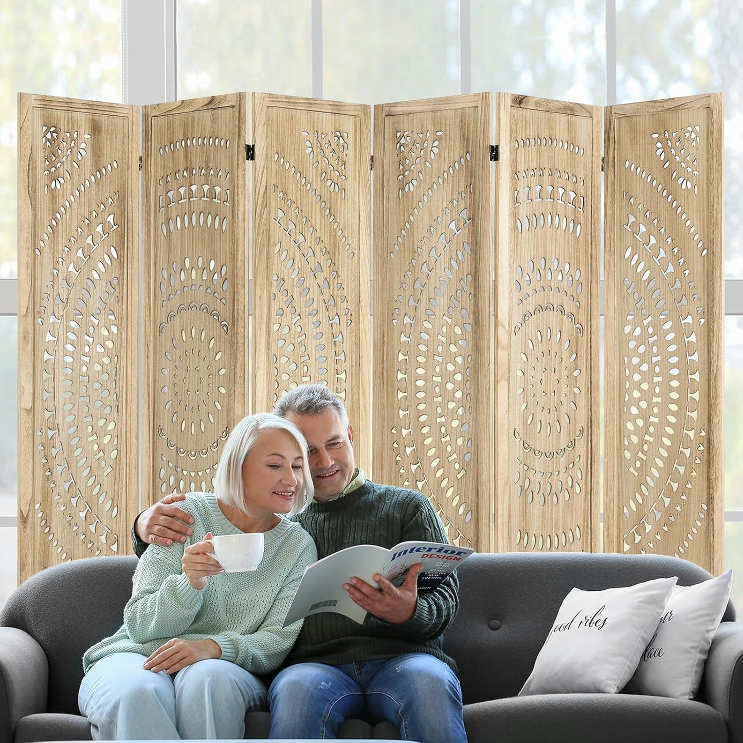 6 Panel Handcrafted Carved Room Divider Screen, 360° Adjustable Wood Folding Privacy Screens for Room Separation, 66.9 Inch Partition Room Dividers for Home Bedroom Office, Natural