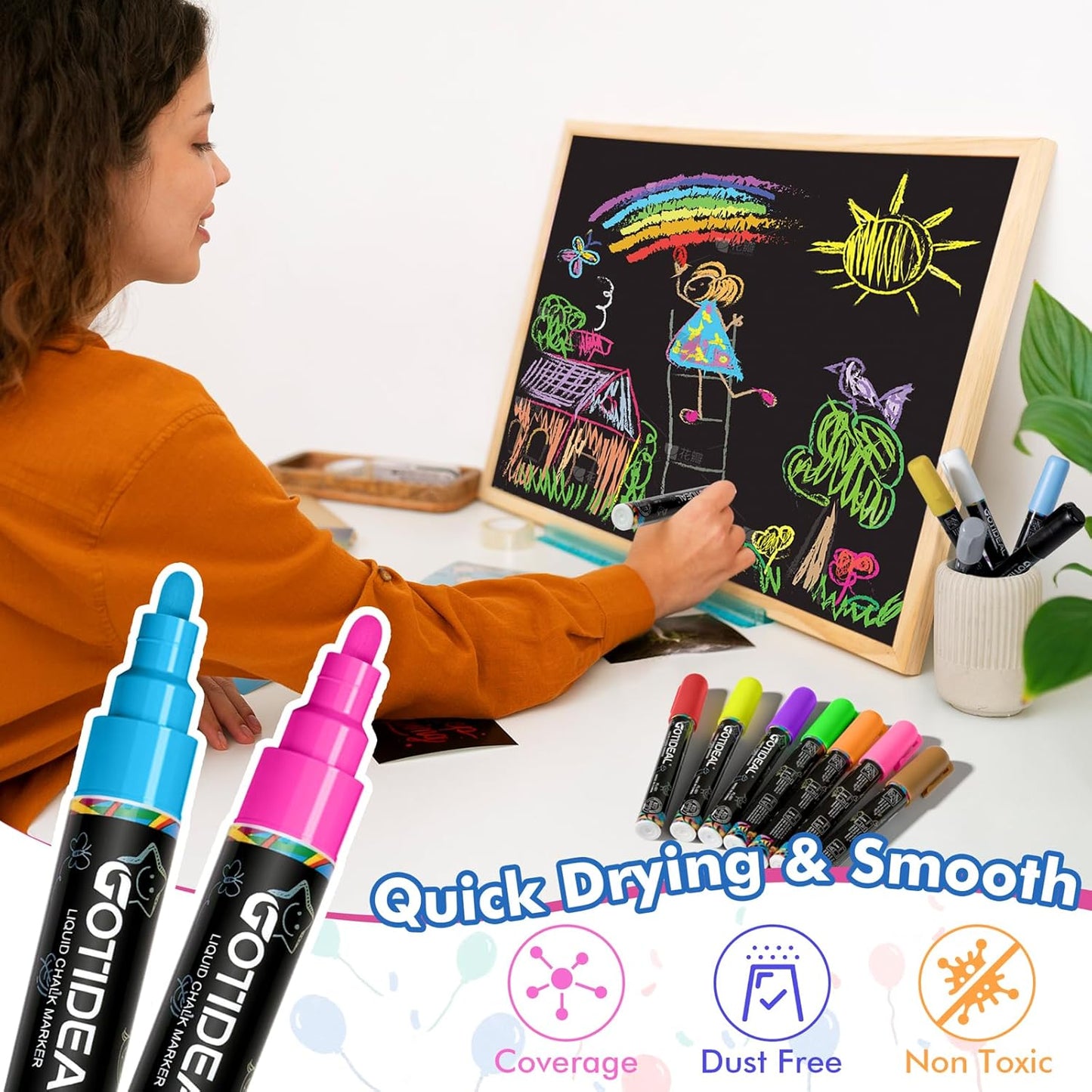 GOTIDEAL Chalk Markers, 12 Colors Liquid Chalk Markers for Blackboard Chalkboard Calendar Glass Neon Pens, Washable Window markers Paint and Drawing for Car, Auto, Bistro,Mirror Wet Erase Chisel Tip