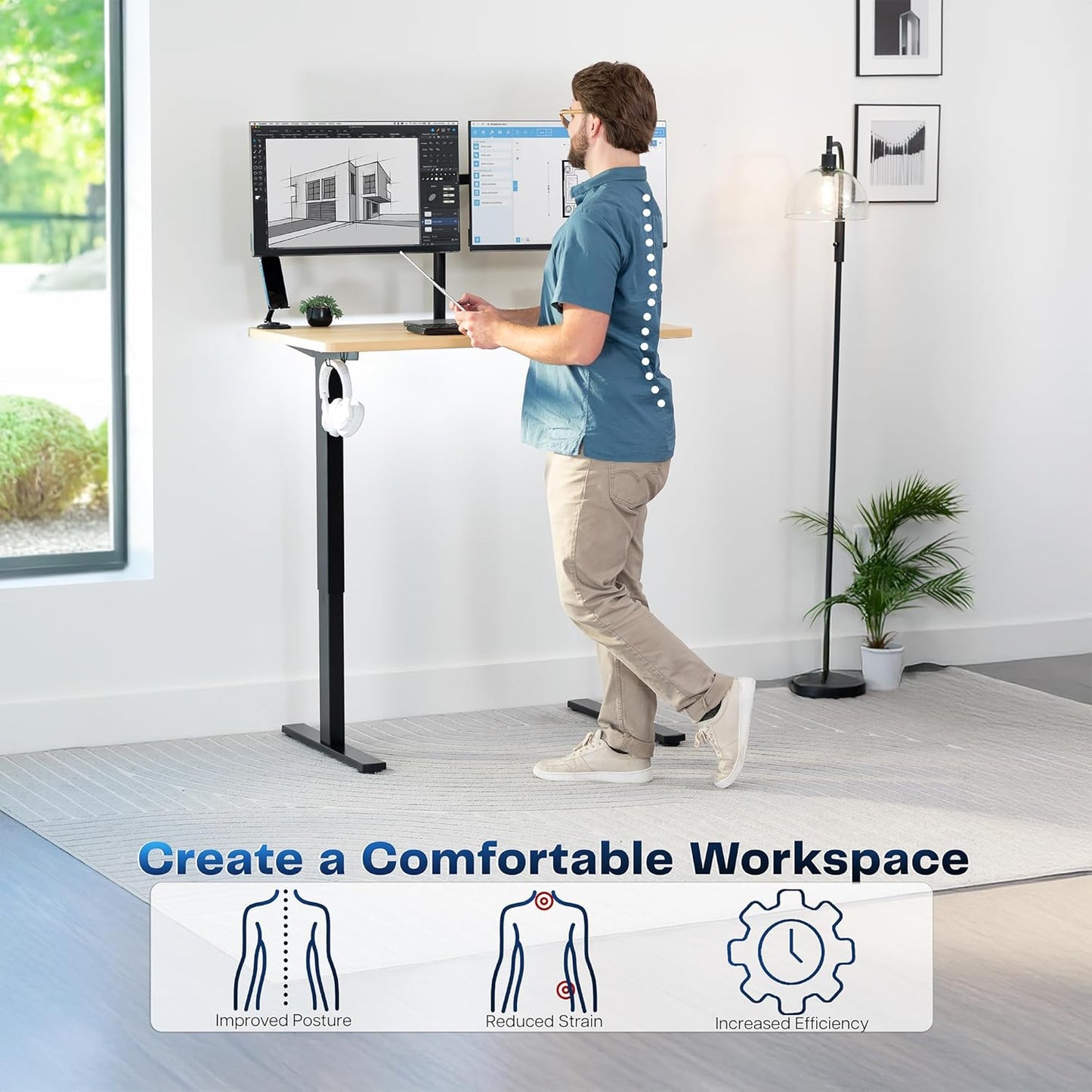 VIVO Electric 43 x 24 in Standing Desk, Memory Height Adjustment, 1B Series, One-Piece Light Wood Top, Black Frame, DESK-KIT-1B4C