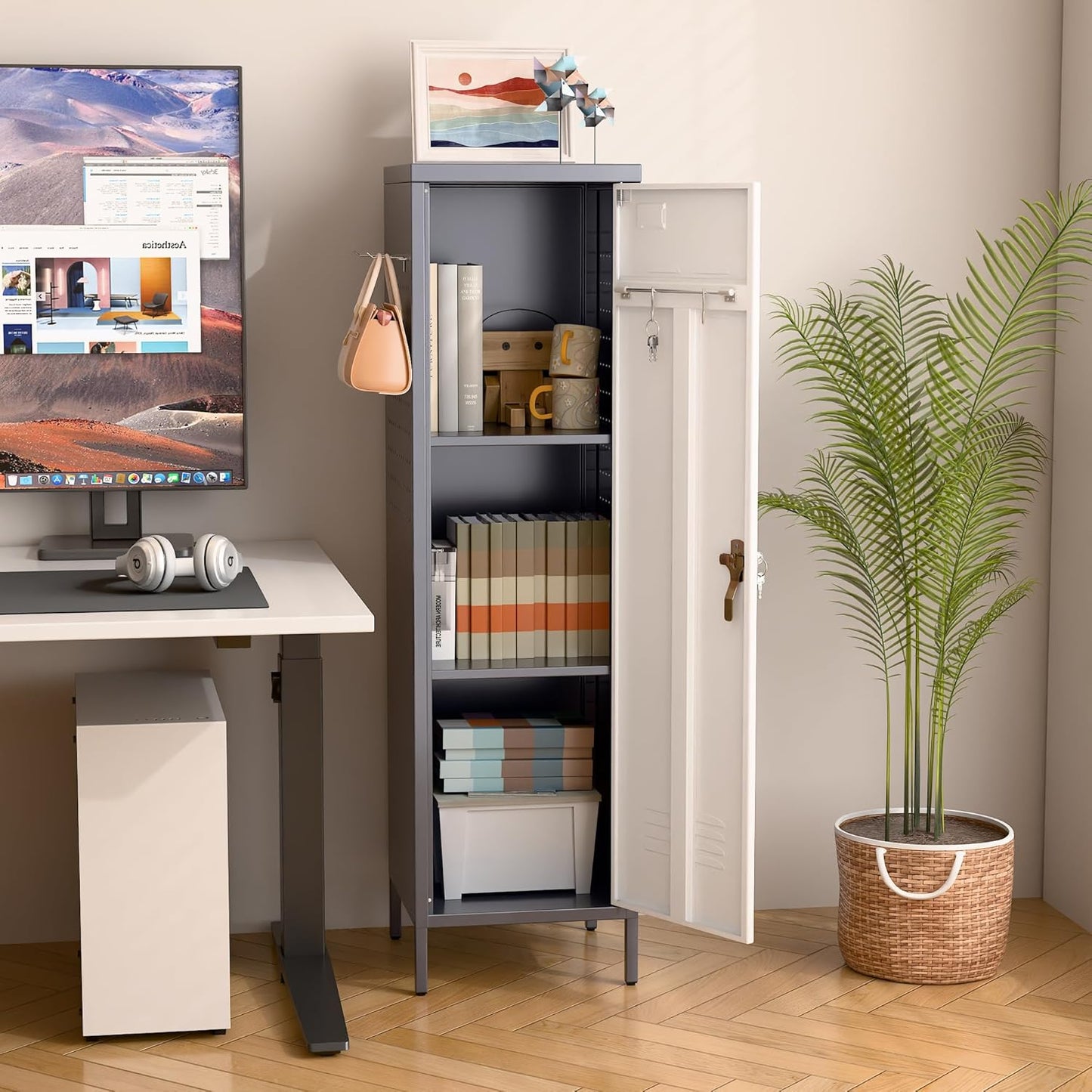 Aobabo Metal 54" H Metal Storage Locker for Employees, Lockable 1 Door with Towel Rack and 2 Side Pegboards with Hooks for Home School Office Gym, Assembly Required (Gray White)