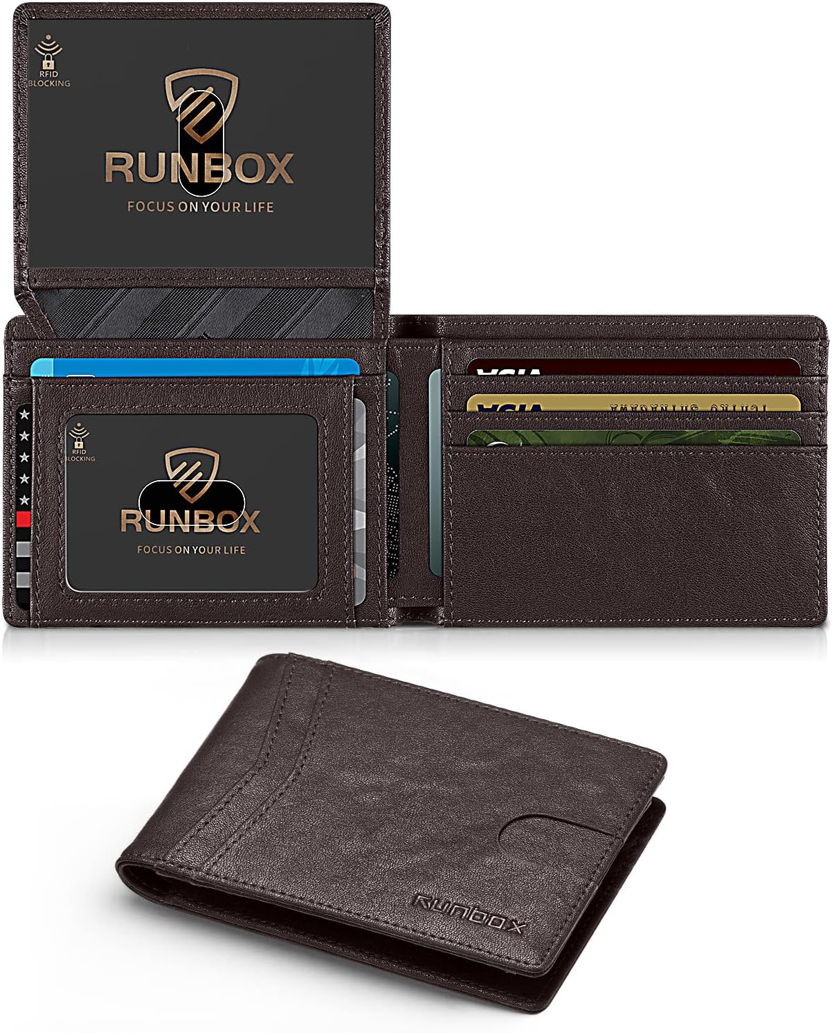 RUNBOX Wallet for Men Slim Rfid Leather 2 ID Window With Gift Box