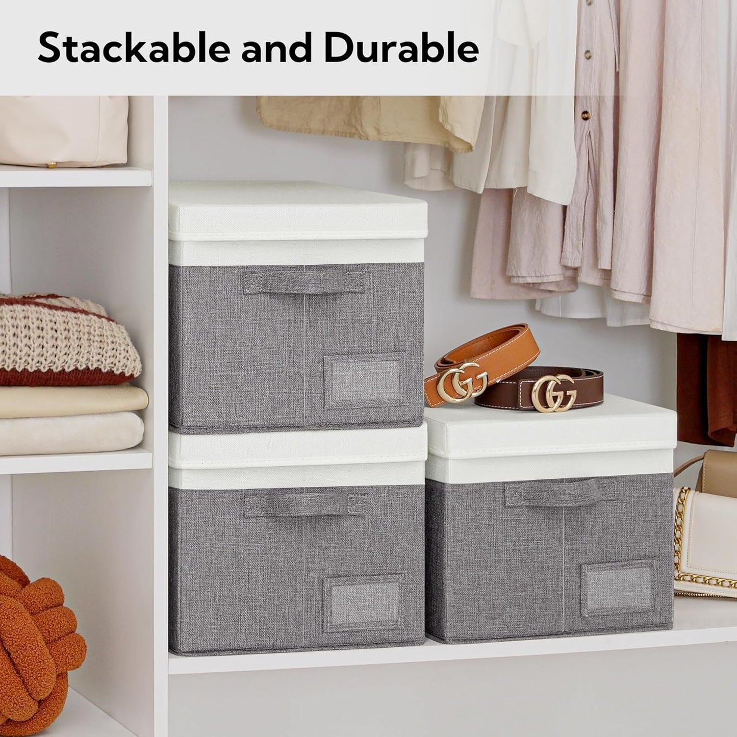 GRANNY SAYS Storage Bins with Lids, Linen Closet Storage Boxes, Collapsibe Storage Bins for Clothes, Storage Containers with Label Holder, 3-Pack, Gray&Ivory
