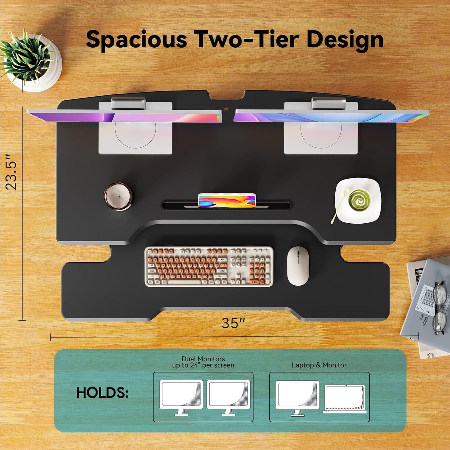 35" Standing Desk Converter, Height Adjustable Desktop Riser with Keyboard Tray for Two Monitors, Sit to Stand up Computer Workstation for Home Office, Black