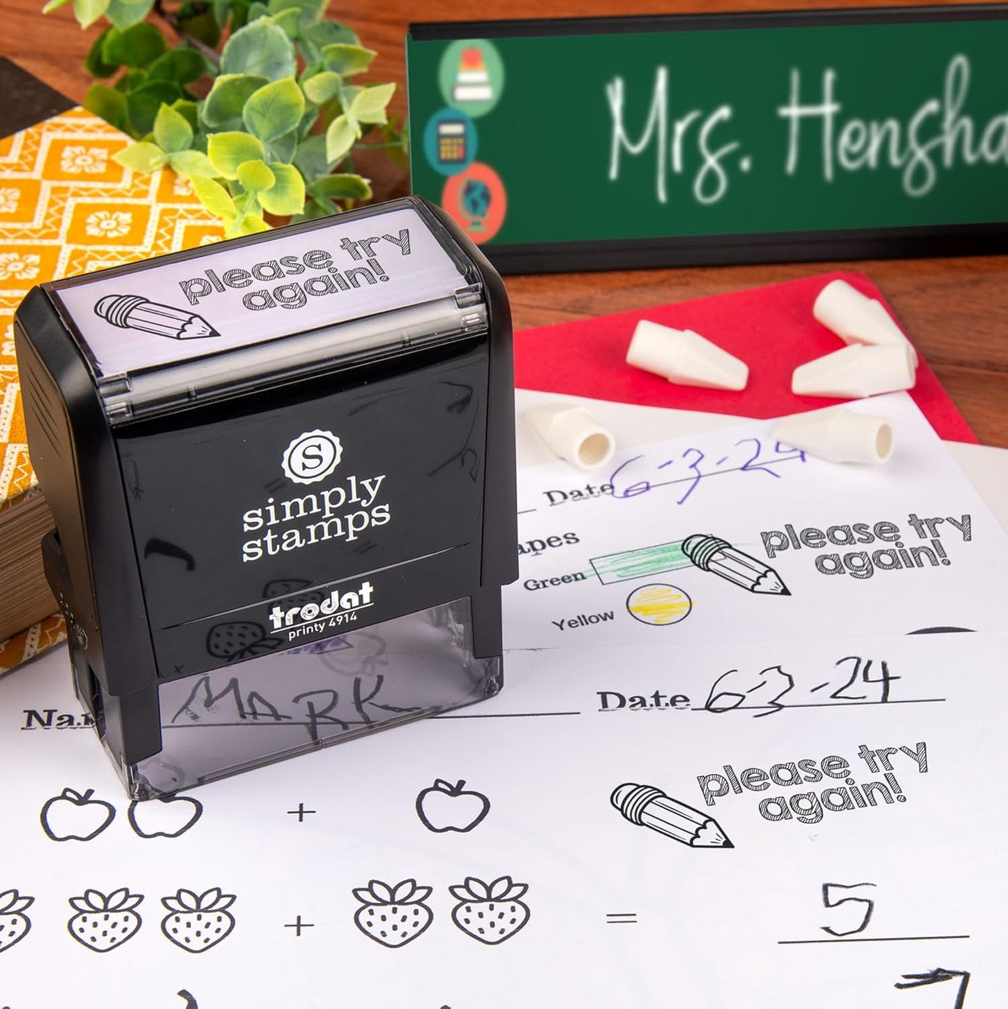 Custom Self-Inking Teacher Stamps | 49 Designs | Fun Phrases | Grading Made Easy | Classroom, Library and Book Stamps (Please Try Again!, Xtra Wide)