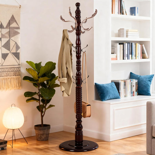 Vintage Wooden Coat Rack Free Standing,14 Hooks, 3-Level Adjustable Height, 73-Inch Retro Coat Rack Stand, Suitable for Entryway, Living Room, Office and Bedroom (Mahogany) (Metal, 1 PCS)
