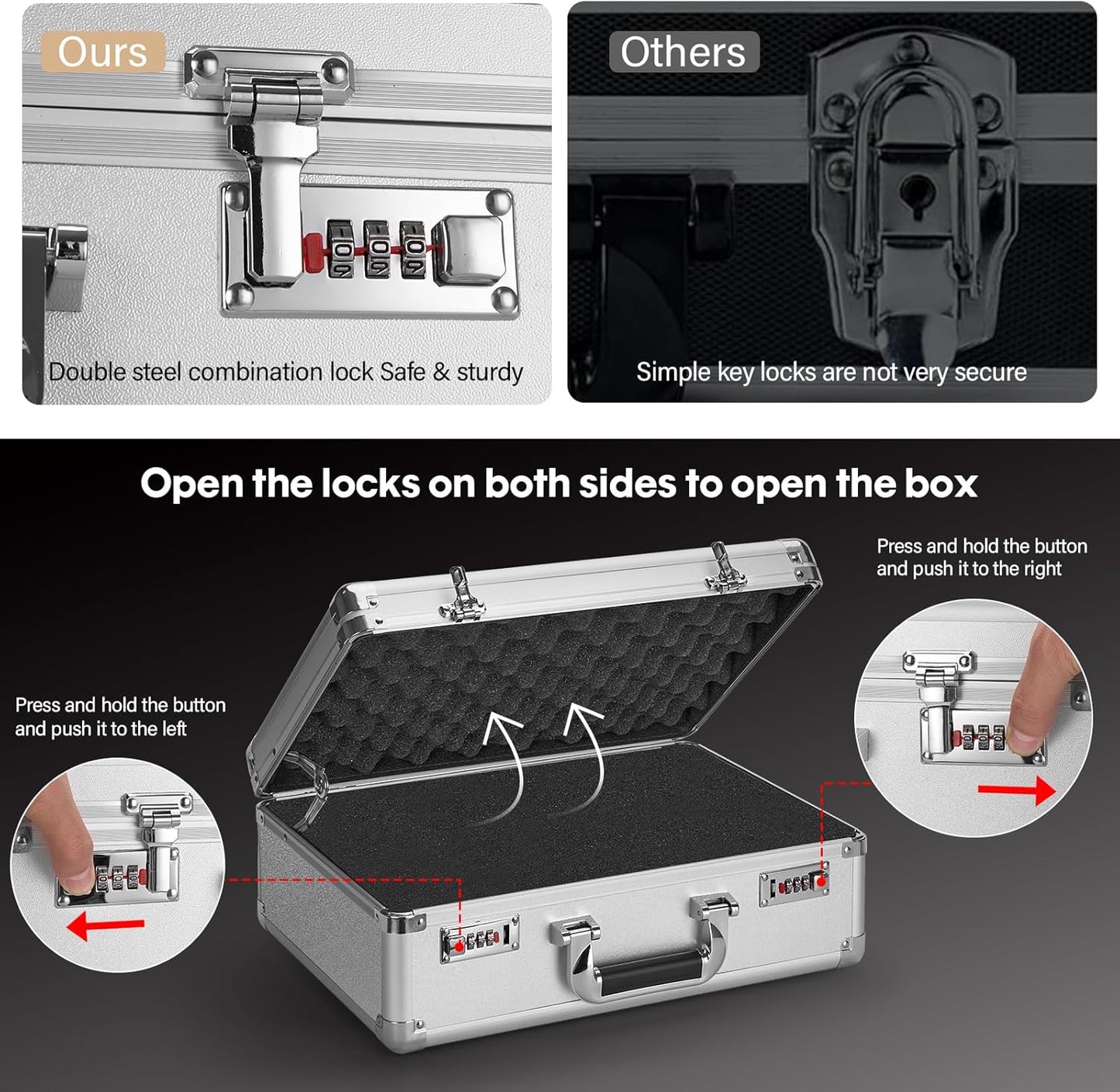 Combination Lock Box - Locking Storage Case with Customizable Foam, 14.2" Portable Lockable Case for Personal Items, Valuables, Documents, Briefcase for Jewelry, Cash, Medications, Silver