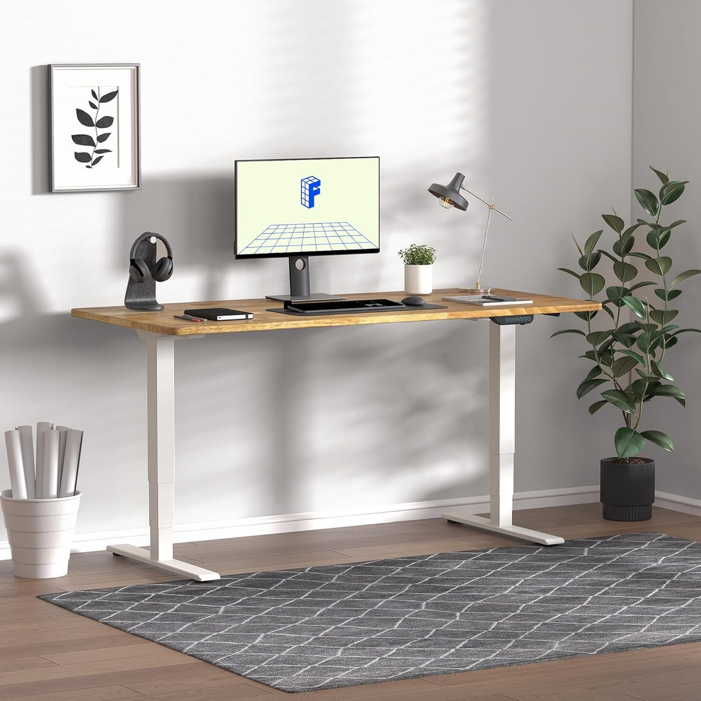 FLEXISPOT E6 MAX Rubber Wood Dual Motor 3 Stages Standing Desk 48x24 Inch Whole-Piece Board Electric Height Adjustable Stand Up Desk 150KG Load Capacity(White Frame + Rubber Wood Desktop)