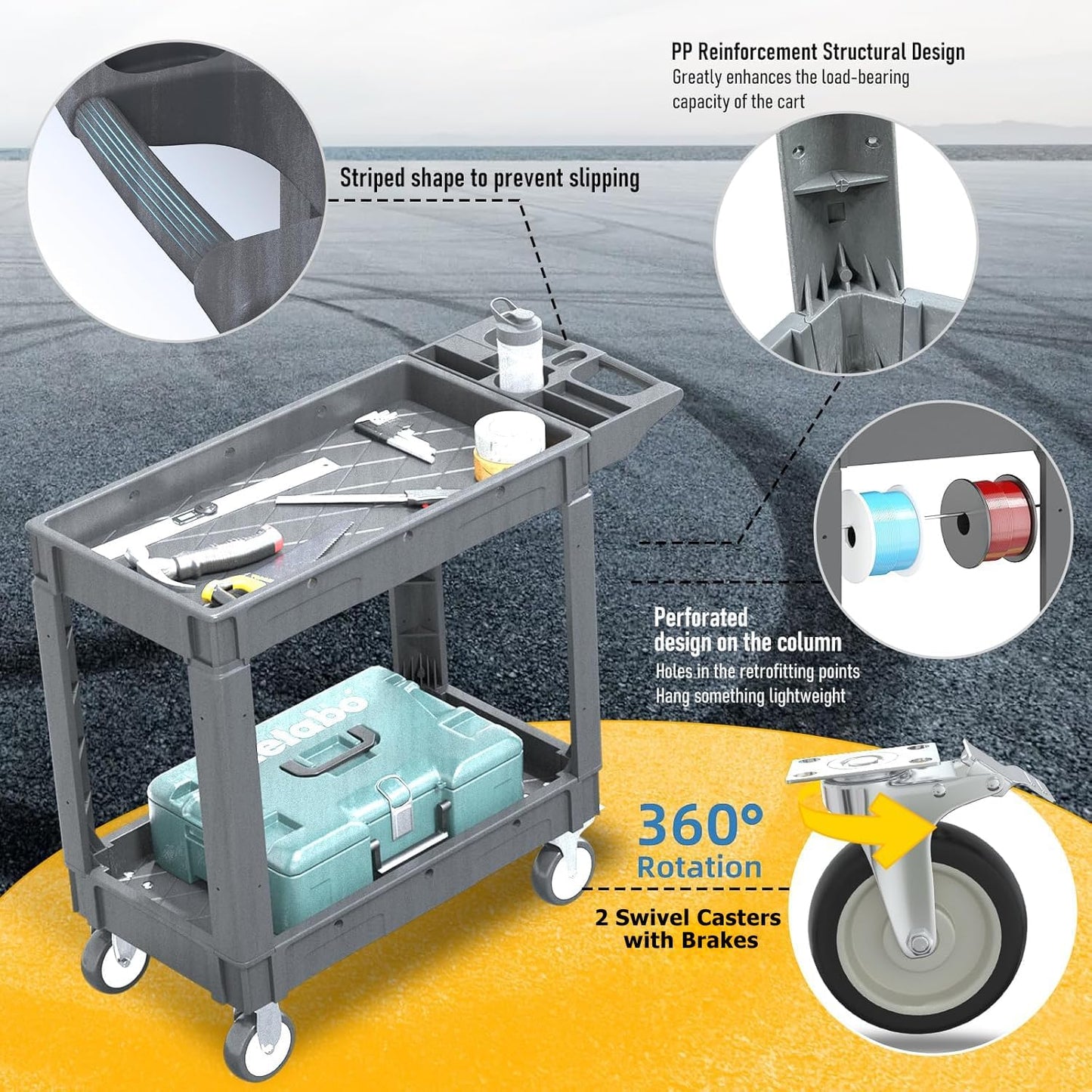 Utility Rolling Tool Cart, 40 x 17-Inch Plastic Rolling Carts, Huge Storage W/Deep 2-Shelf Heavy Duty Service Cart with Wheels, 550 lbs Capacity Organizer for Garage, Warehouse, Workshop
