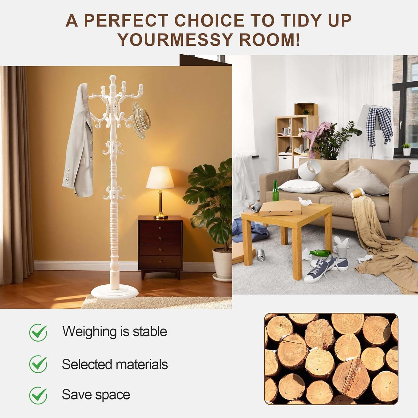 Solid Wood Coat Rack Stand with 18 Hooks, Vintage Coat Rack Freestanding with Heavy Duty Base, 3 Adjustable Height Coat Hanger Stand Hall Tree Fits Entryway Bedroom Office for Coat,Bag,Hat