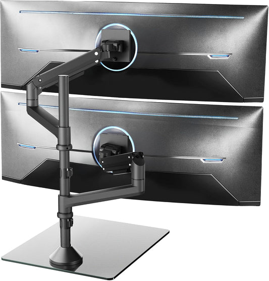 VIVO Pneumatic Arm Dual Ultrawide Monitor Desk Stand for Up to 49 inch Screens with Tempered Glass Base, Holds 2 Ultra Wides Up to 30.8 lbs, Black, STAND-V249FG