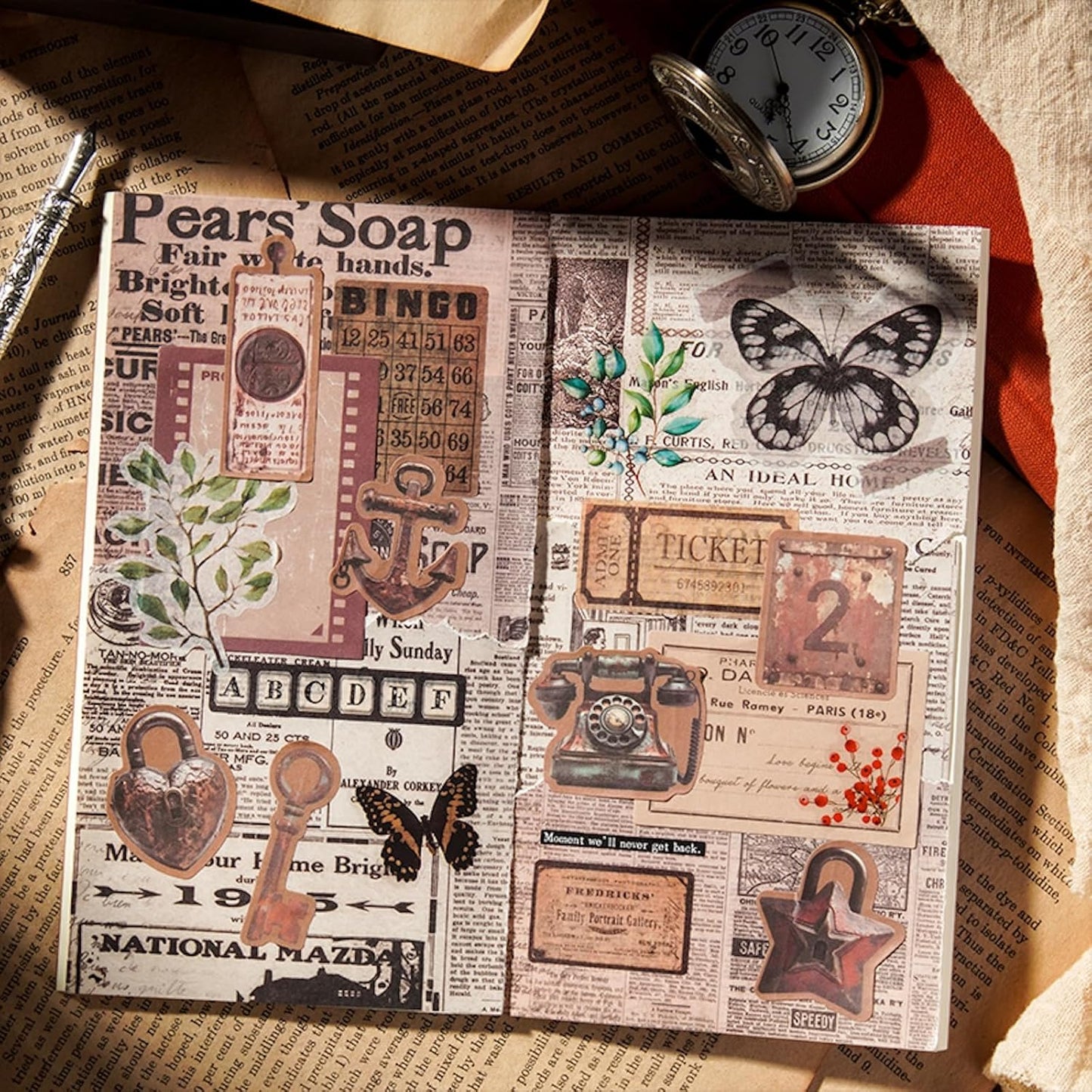 Vintage Kraft Paper Sticker Set, 96PCS Retro Scrapbook Supplies for Journaling and Crafts, Includes Keys, Padlocks, Signs, Labels, Frames, Number Plates