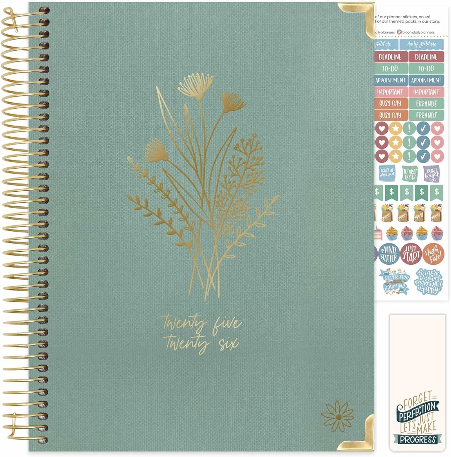 bloom daily planners HARDCOVER 2025-2026 (8.5" x 11") Academic Year Day Planner (July 2025 - July 2026) - Aesthetic Task Goal Organizer - Monthly & Weekly Inspirational Agenda Book - Green Linen