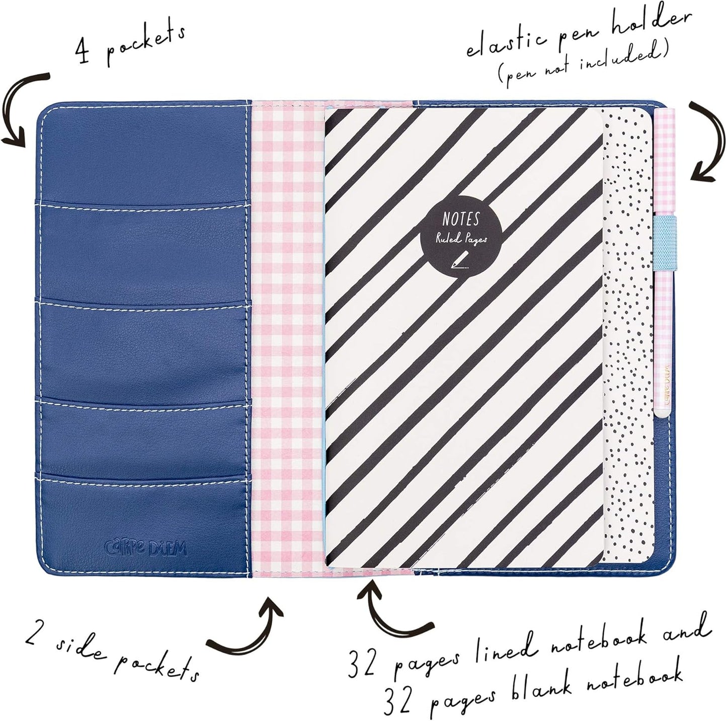 Pukka Pad, Carpe Diem Refillable Traveler’s Notebook Cover – Faux Leather Portfolio with Blank and Lined Notepads – Includes 6 Pockets, Pen Loop, and Elastic Closure – 8.5 x 5.5 Inches, Ditsy Floral
