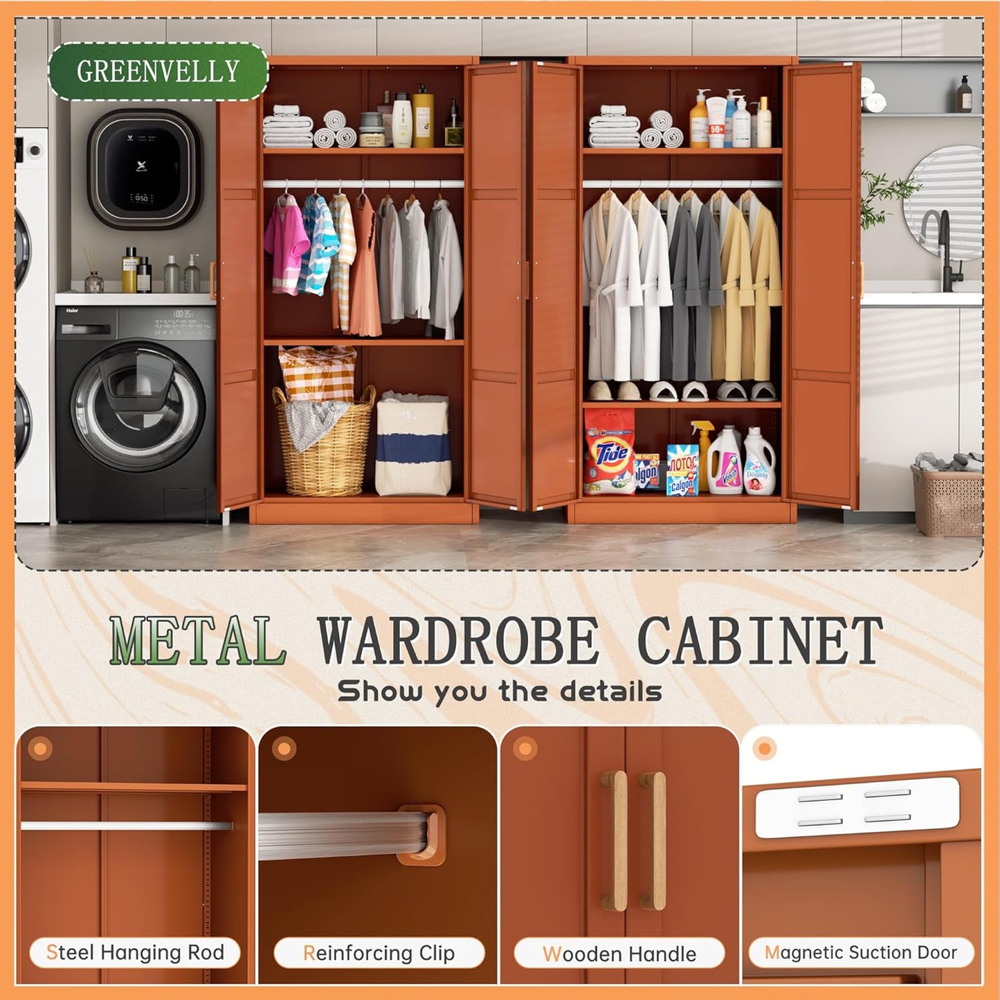 Greenvelly Metal Storage Wardrobe Cabinet, 72" Brown Metal Wardrobe Closet for Hanging Clothes with Doors and Shelves, Modern Steel Clothes Closet for Home, Office and Bedroom, School,Gym