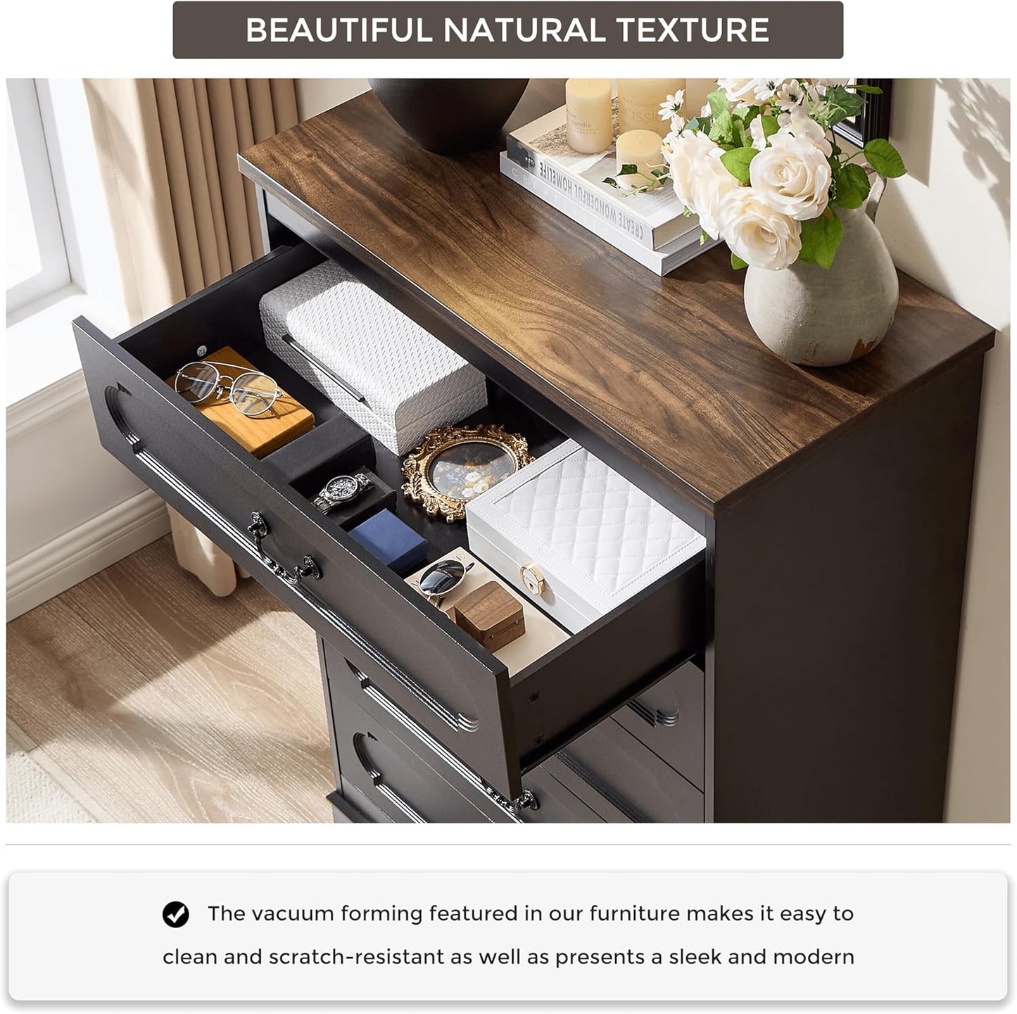 LIDYUK 5 Drawer Dresser for Bedroom Farmhouse Black Wood Chest of Drawers for Bedroom Dresser, Rustic 46" Tall Wide Drawers Dressers Wooden Closet Storage Cabinet, Hallway, Living Room