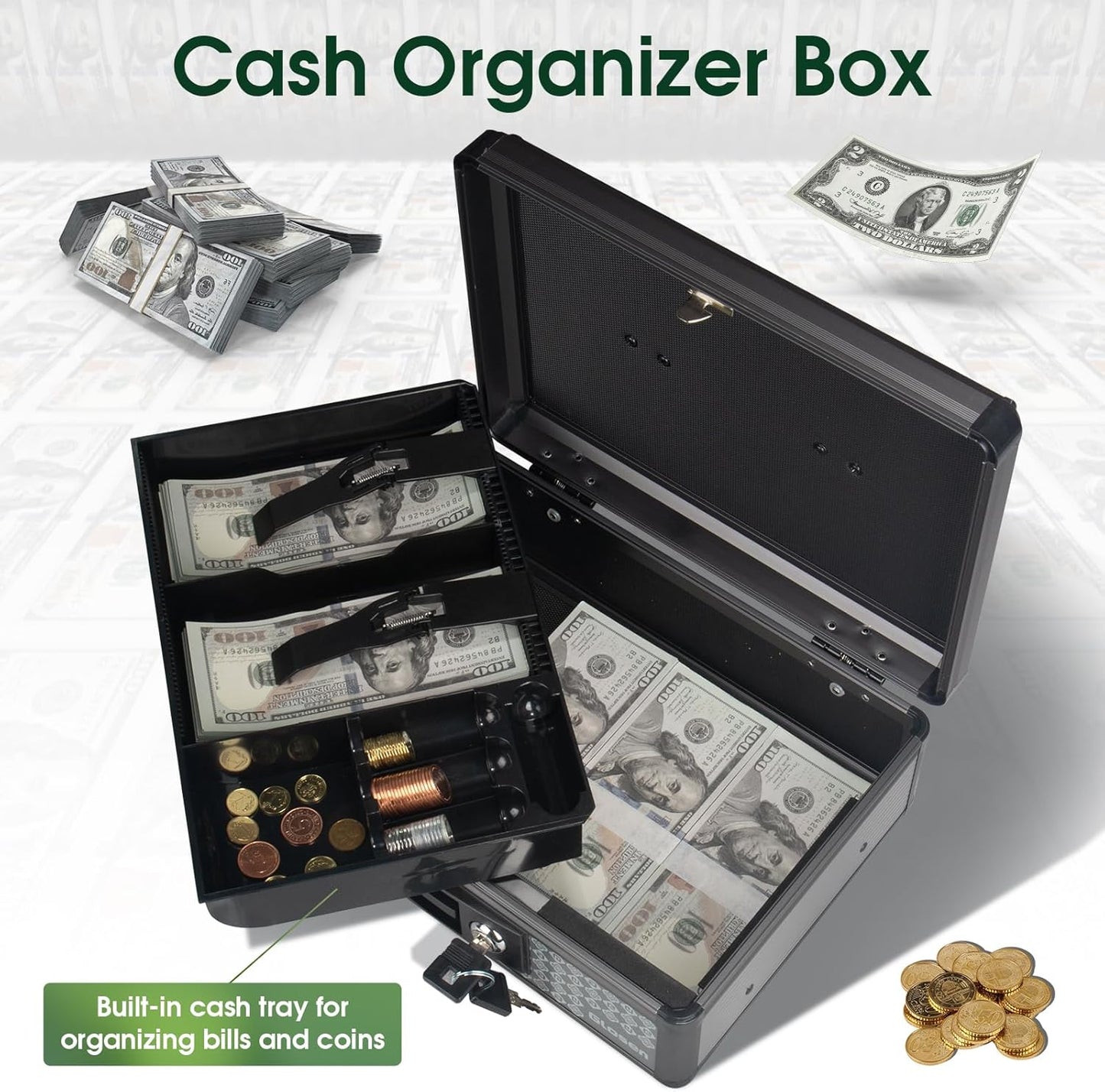 Cash Box with Lock, Money Box with Key Lock & Removable Coin Tray 8.85 * 5.3 * 11.8 inch (Black, Large)