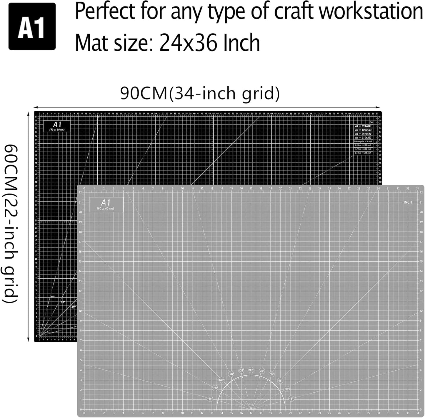 Headley Tools Thickened 24 x 36 Inch Self Healing Sewing Cutting Mat, A1 Rotary Cutting Sewing Mat for Crafts, Double Sided 5-Ply Table Cutting Board for Fabric Quilting Leather Hobby, Grey/Black