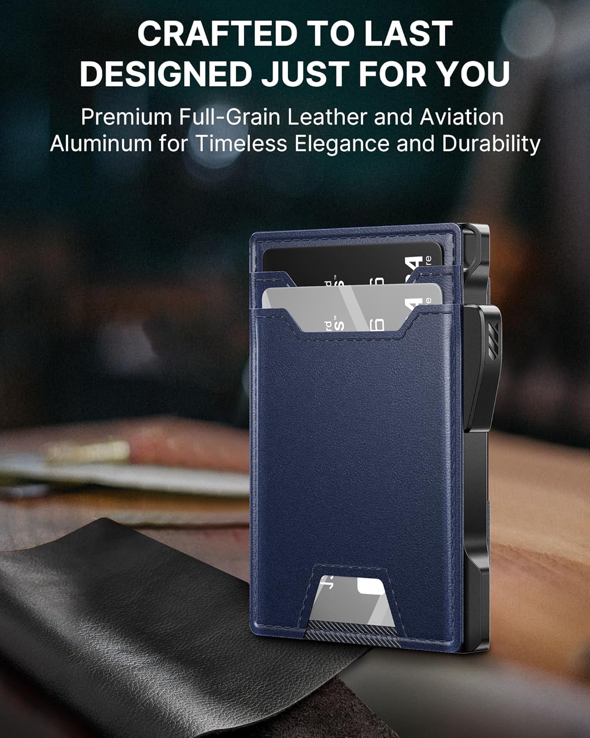 typecase Wallet for Men: Rfid-blocking with Money Clip Slim Leather Bifold ID Window Smart Pop Up Card Case Front Pocket Wallet with Gift Box (Navy Blue)