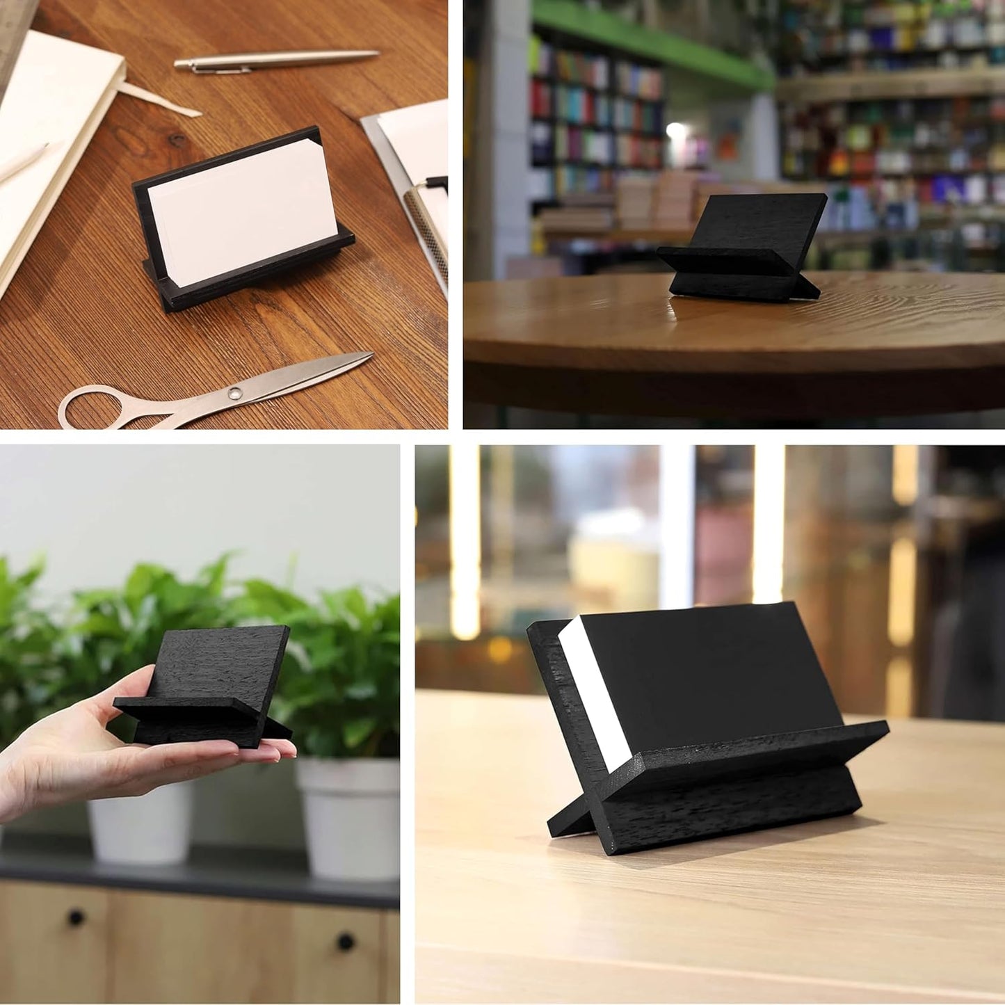 Set of 3 Business Card Holders for Desk - Black Wood Small Cards Holder, Professional Desktop Business Card Stand Display, Wooden Name Card Holder