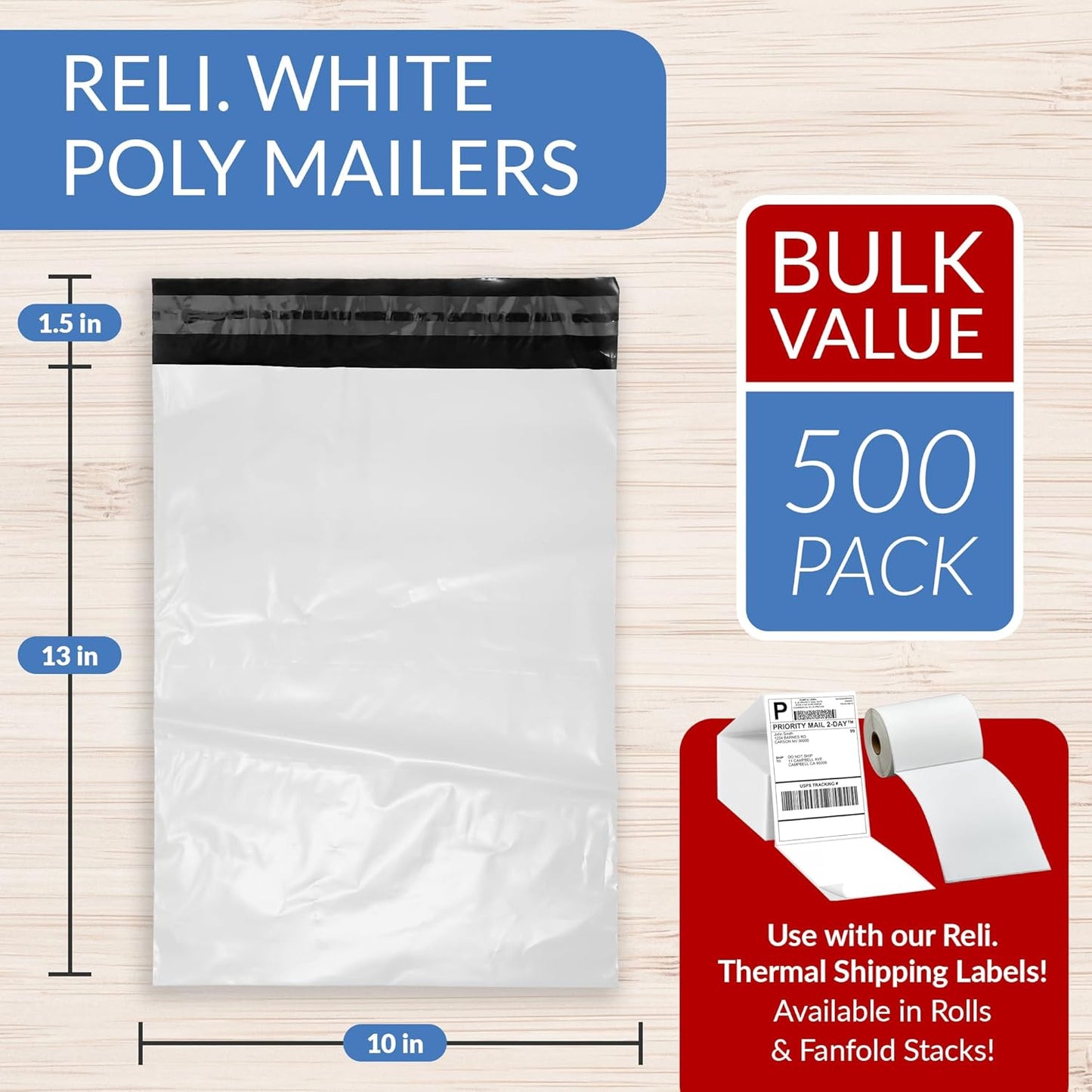 Reli. Poly Mailers 10x13 | 500 Pcs Bulk | Envelopes | White Packaging Bags for Shipping | Non-Padded Polymailers, Self Sealing Shipping Bags for Clothing, Bulk (White)