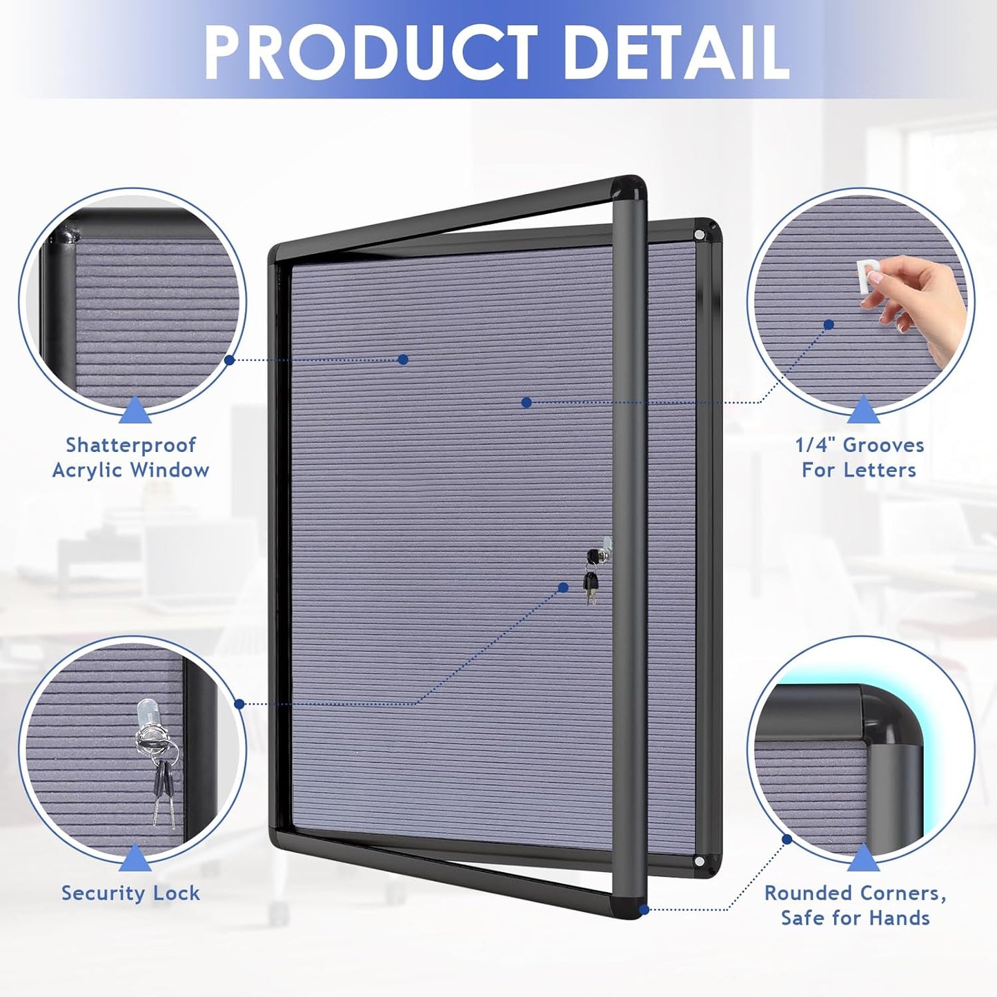 SWANCROWN Enclosed Bulletin Board with Locking Door 38x28 in, Lockable Felt Letter Board Sign Tamperproof Message Board for Office School Home, Black Aluminum Frame, Grey