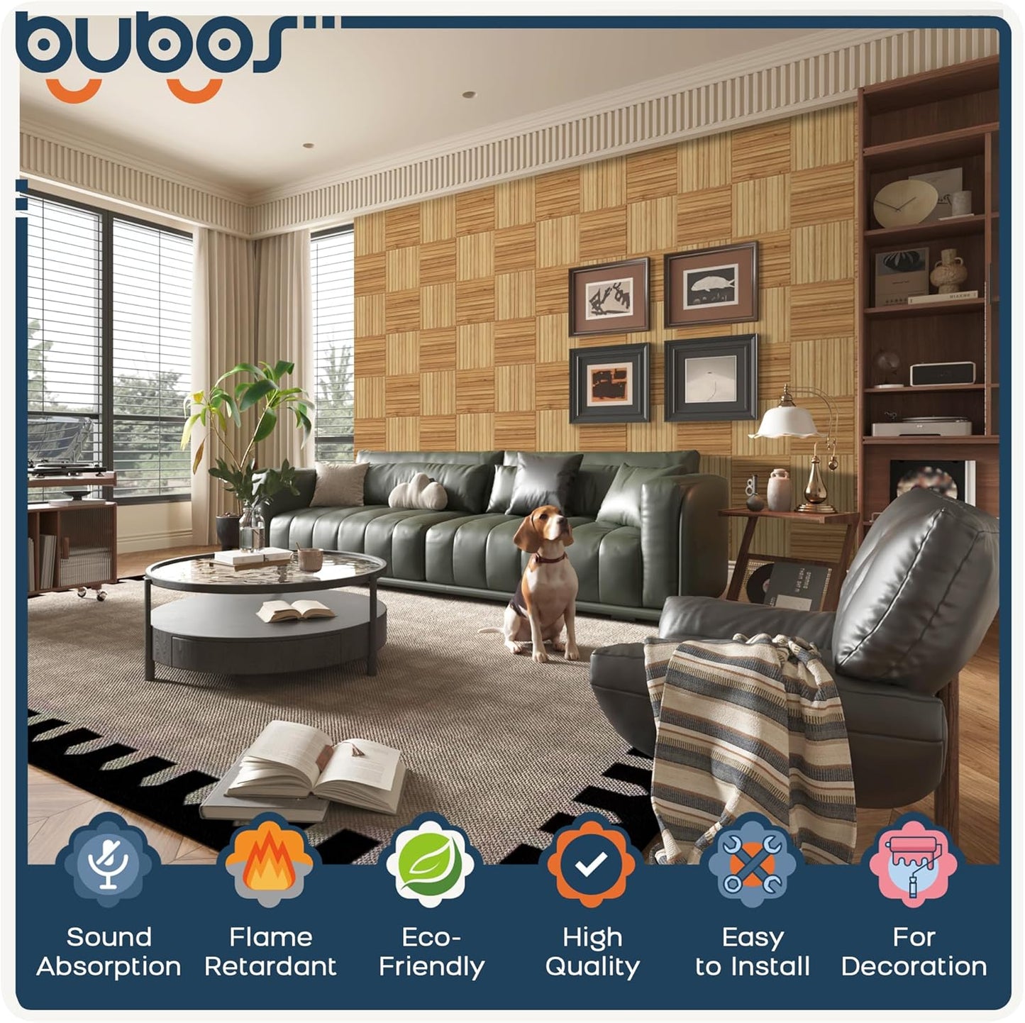 BUBOS Large Acoustic Panels,6 Pack Wood-Pattern Printing Soundproof Wall Panels, Total Size 70.8 x 47.2 Inches Self-Adhesive Decorative Sound Absorbing Panels for Studio, Home,Natural Grain Weave