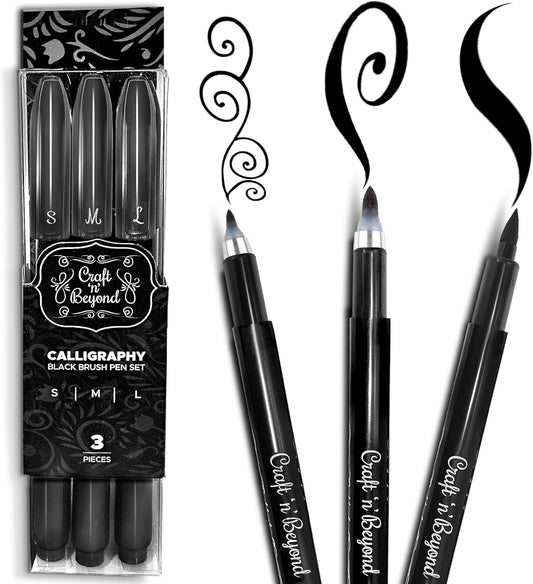 Craft 'n' Beyond Calligraphy Brush Pens Pack of 3 Small, Medium and Large Markers for Hand Lettering, Art Drawing, Sketching, Scrapbooking, Journaling - Beginner Kit with Fadeproof Black Ink