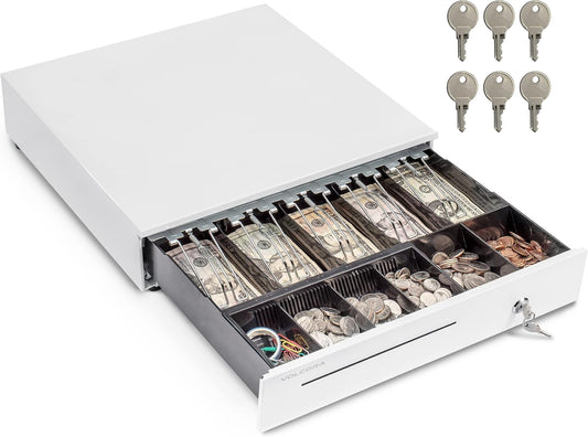 Volcora 16" Cash Register Drawer for Point of Sale (POS) System with 5 Bill 6 Coin Cash Tray, Removable Coin Compartment, 24V, RJ11/RJ12 Key-Lock, Media Slot, White - for Stores, Shops and Businesses