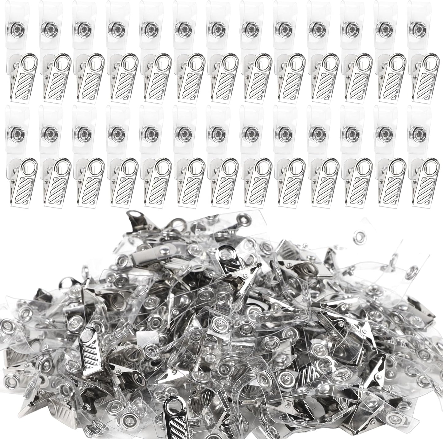 Happy Trees 200 Pcs Metal Badge Clips with Clear PVC Straps, ID Holder Clip for Badge Holders, Name Tags, ID Cards, Work Badges